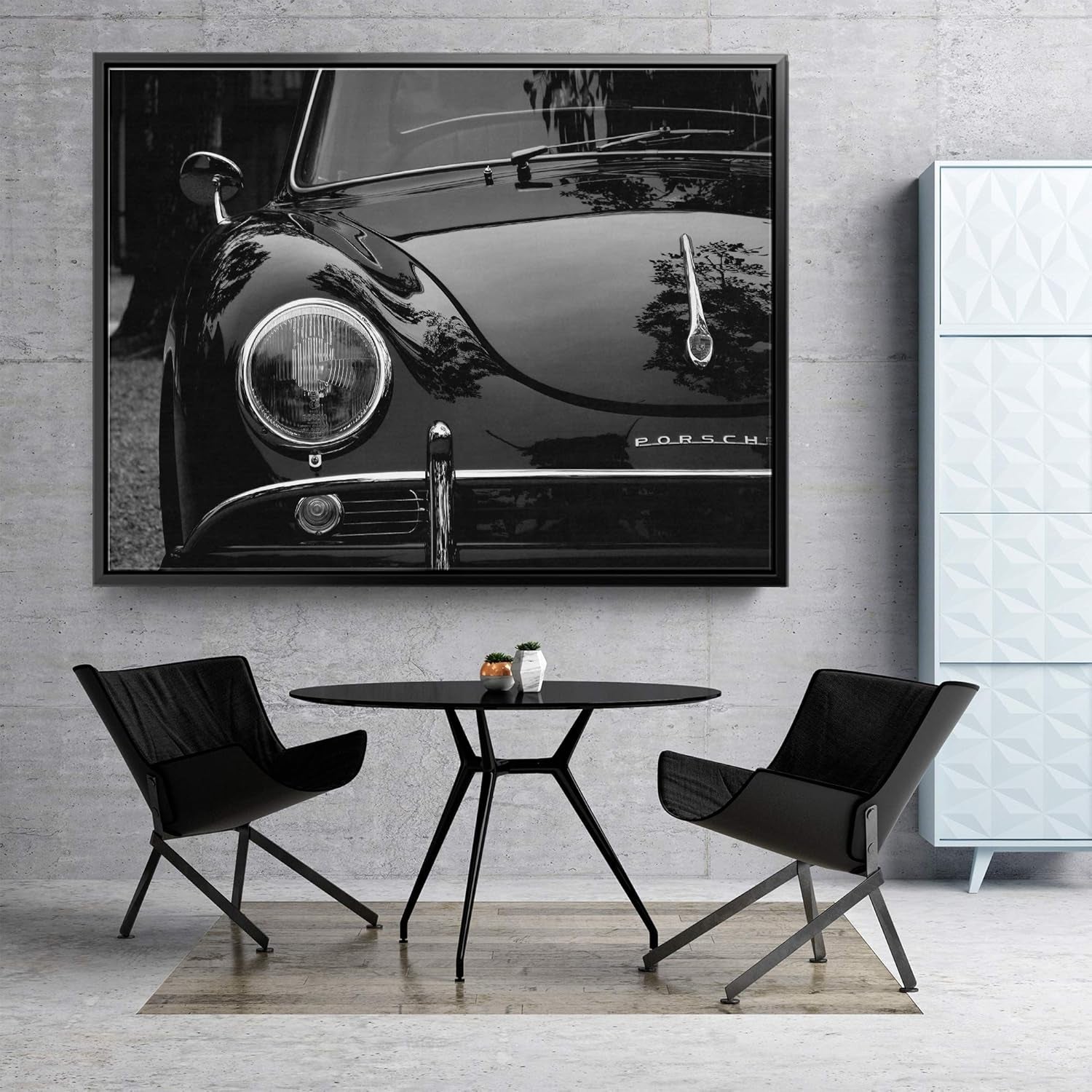 Classic Porsche Black and White Framed Canvas Art – Sleek 45"x30" Wall Décor for Car Lovers