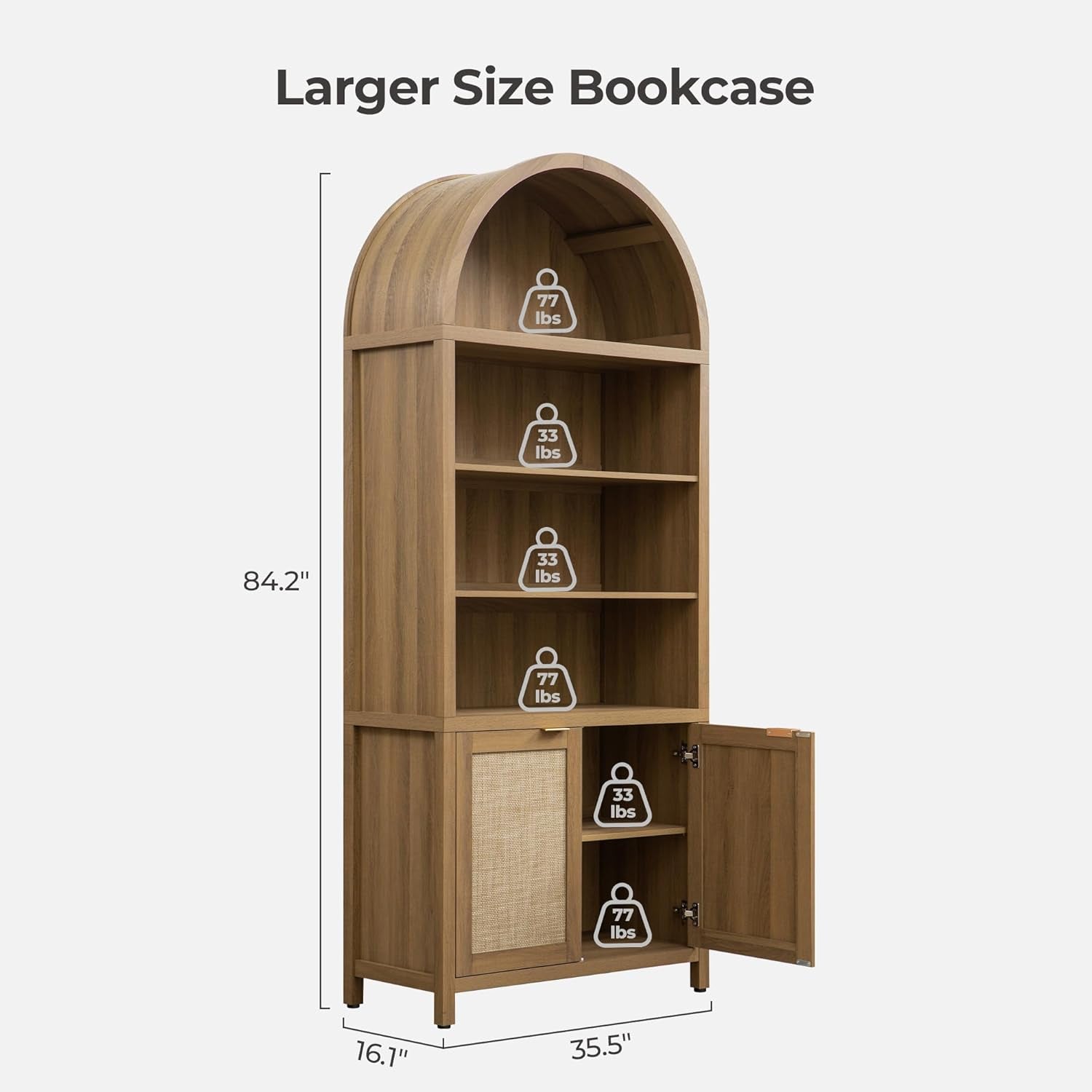 Arched 84.2" Tall 5-Tier Bookshelf Cabinet with Doors - Boho Rattan Wide Bookcase for Living Room, Office & Bedroom Storage