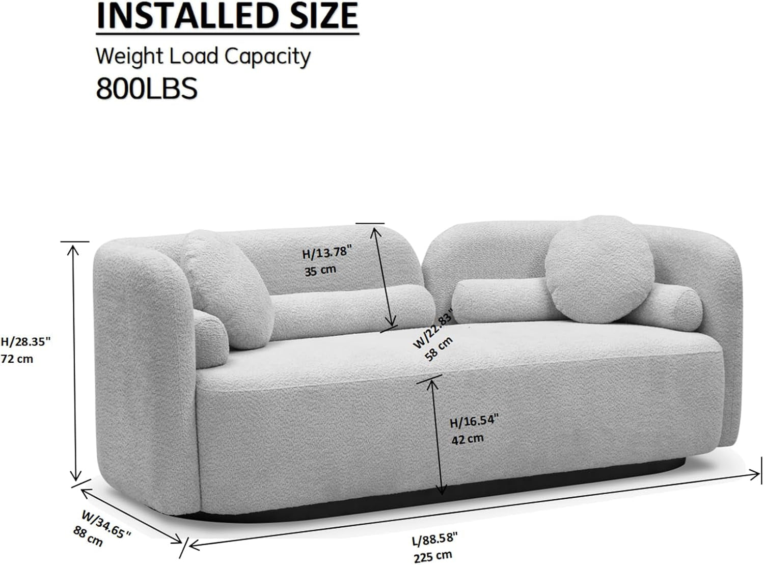 Modern White Rectangular Cloud Couch - Curved Back 3-Seater Sofa with Boucle Fabric, Solid Wood Frame & 2 Pillows - Perfect for Minimalist Living Rooms