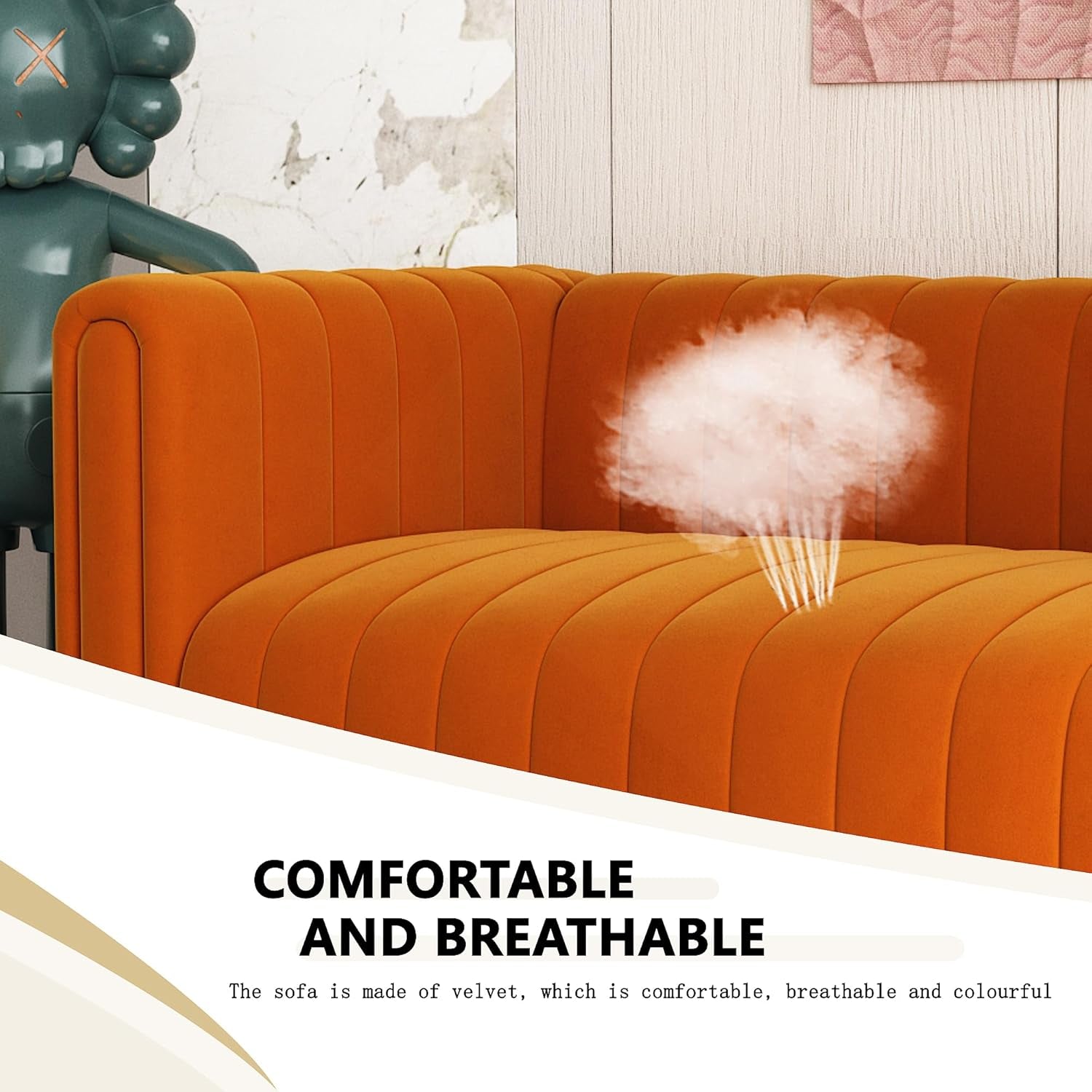 Luxurious 81" Mid Century Modern Orange Velvet Sofa - Comfy 3-Seat Loveseat with Gold Metal Legs for Living Room & Office