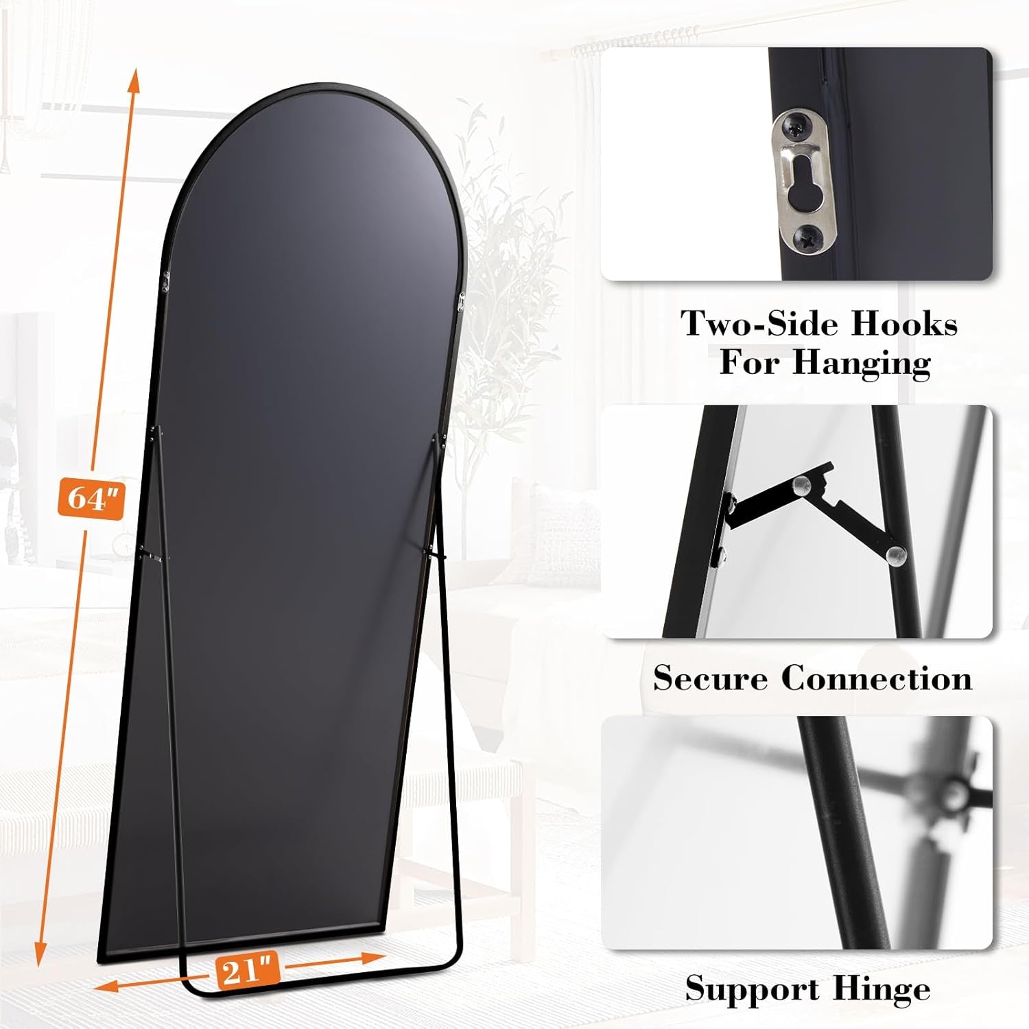 Sleek 64" Arched Full-Length Mirror with Stand - Modern Aluminum Frame, Shatterproof Nano Glass, Perfect for Bedroom & Living Room Decor - Elegant Black Finish