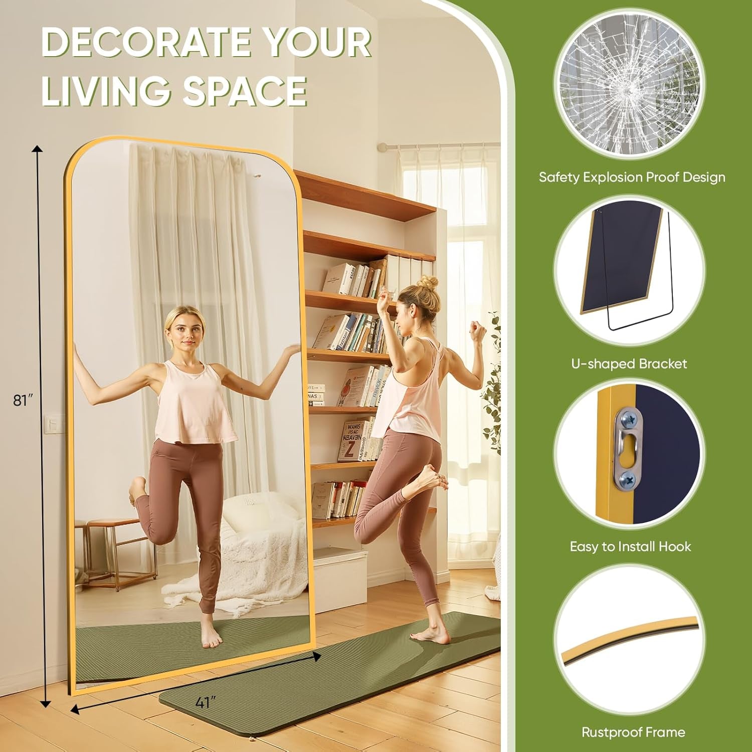 Elegant Gold Arched Full Length Floor Mirror - 81"x41" Freestanding & Leaning Design for Bedroom & Living Room Decor