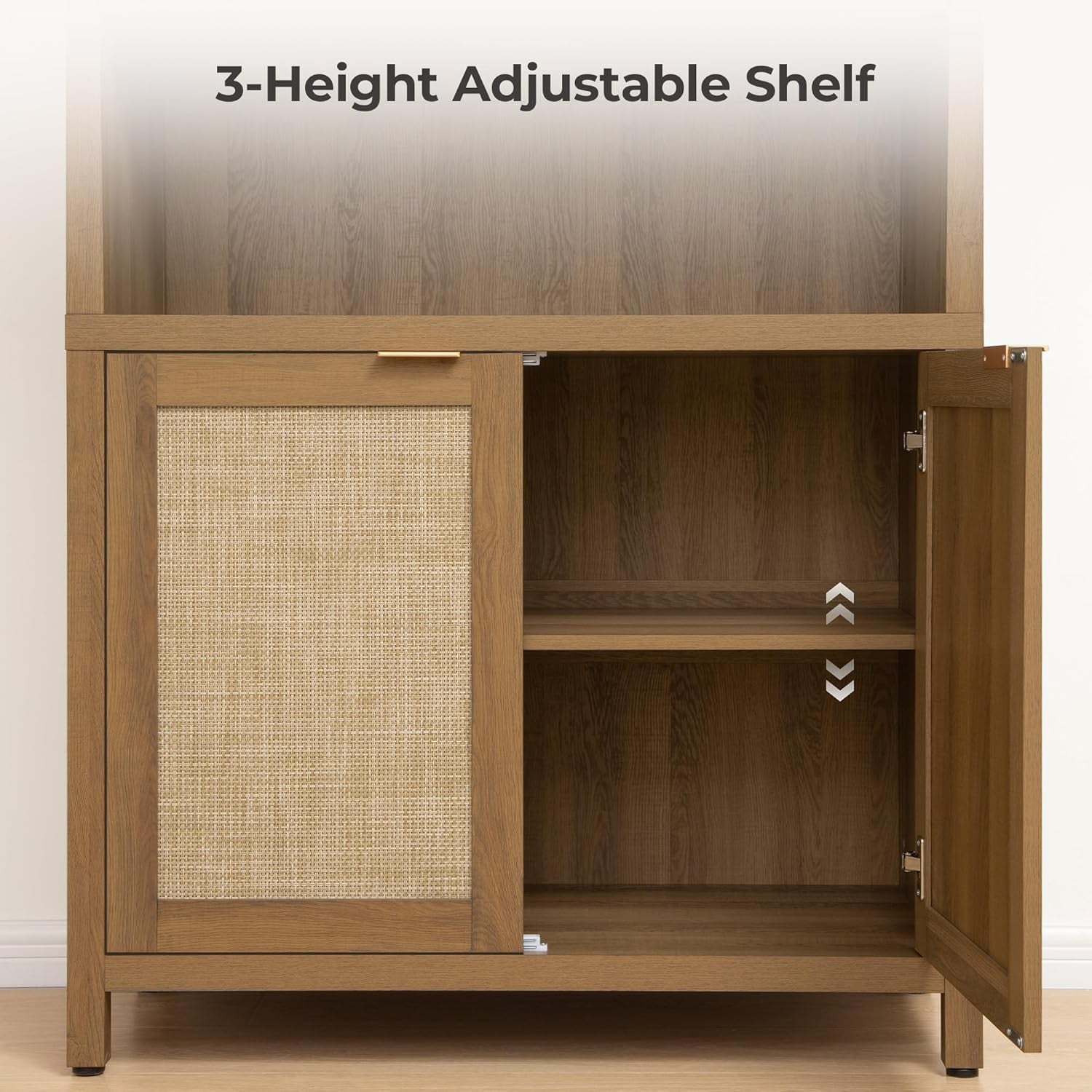 Arched 84.2" Tall 5-Tier Bookshelf Cabinet with Doors - Boho Rattan Wide Bookcase for Living Room, Office & Bedroom Storage