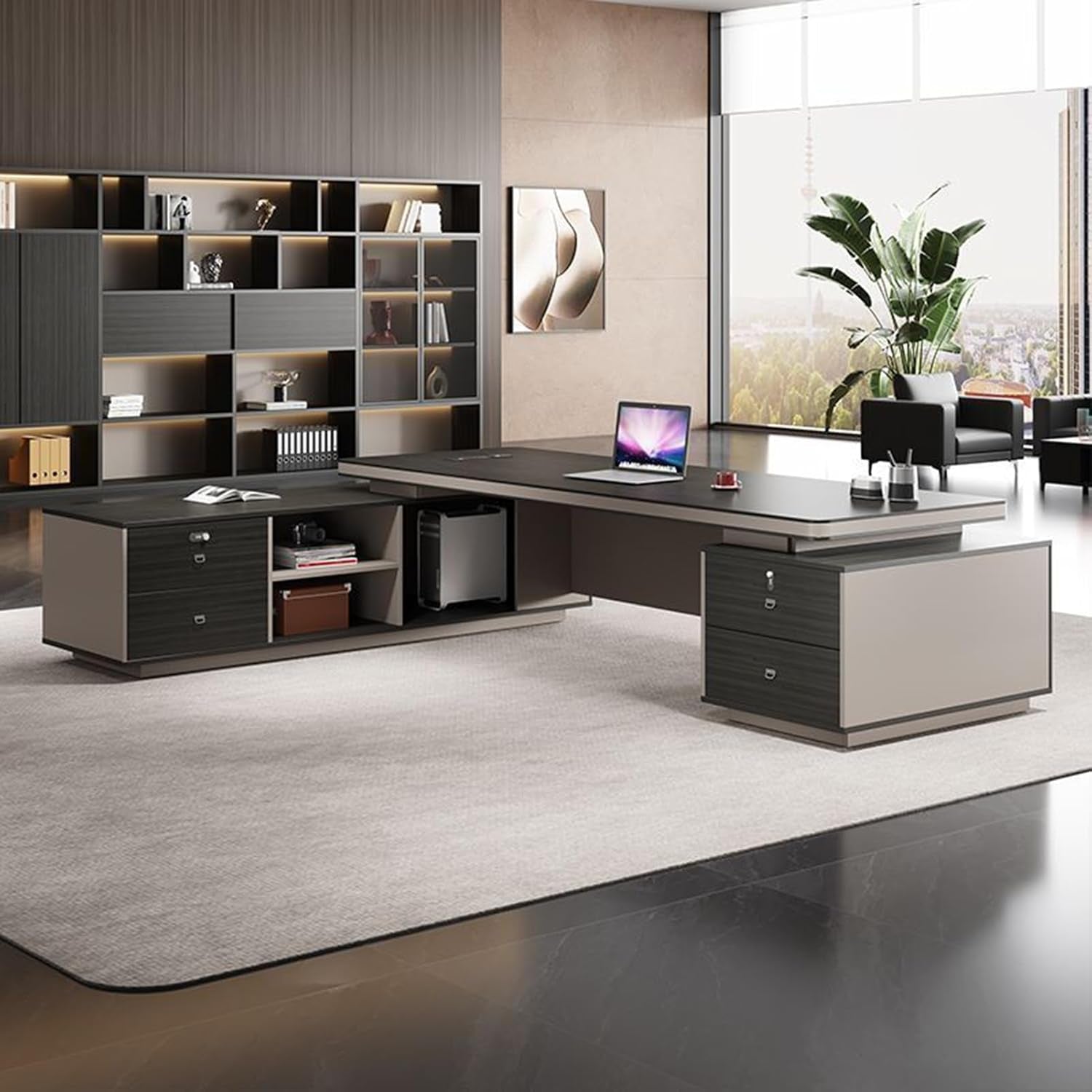 Elegant Black Wood Executive Office Desk Set with Lateral Cabinet - Perfect for CEOs and Professionals