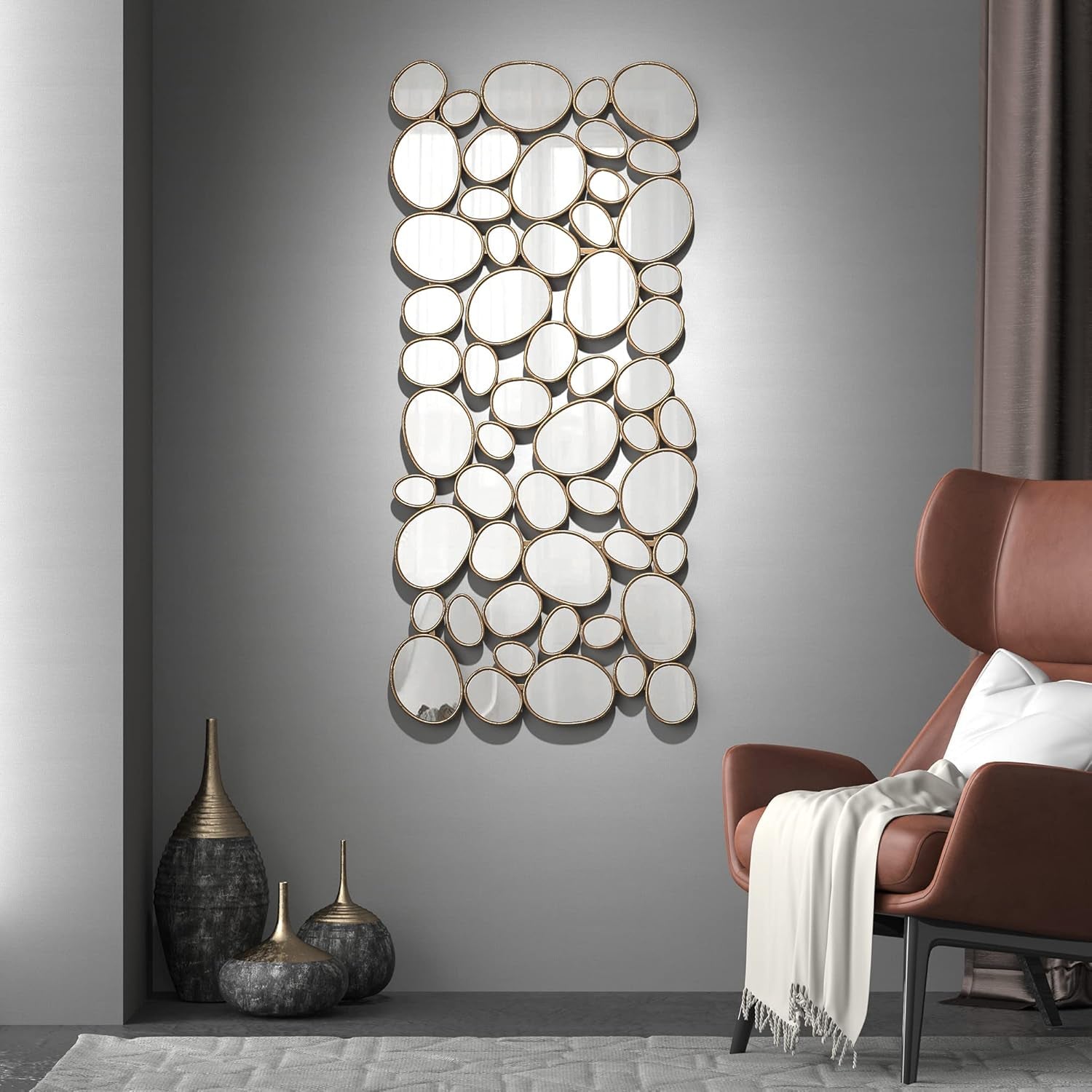 Large Decorative Gold Wall Mirror - 23x51 Inch Metal Framed Accent Mirror with 55-Piece Pebble Design for Modern Living Room and Entryway Decor