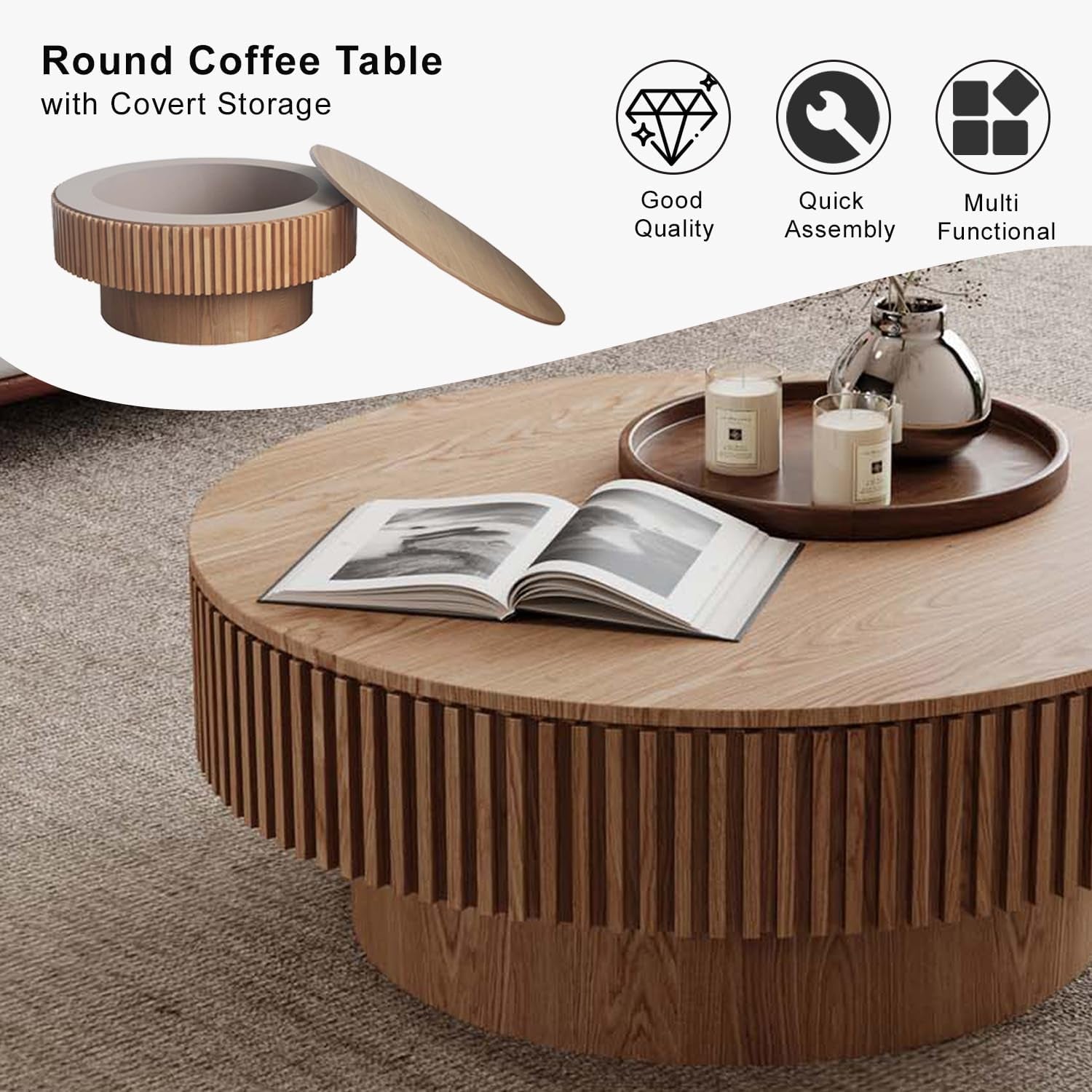 Stylish Round Coffee Table with Storage - Modern Wooden Design for Small Spaces, Perfect Accent for Living Room (31.5''L × 31.5''W × 14''H, Natural Finish)