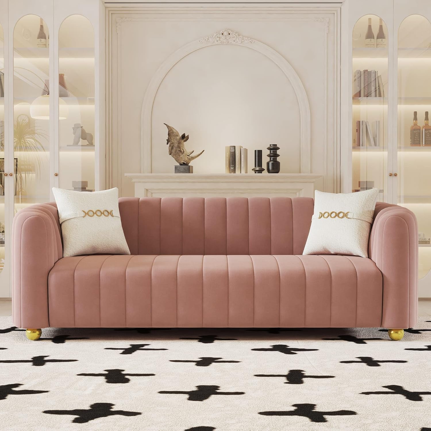 Luxurious 84" Pink Velvet Mid-Century Modern Sofa with Gold Legs - Perfect for Living Room, Bedroom, or Home Office