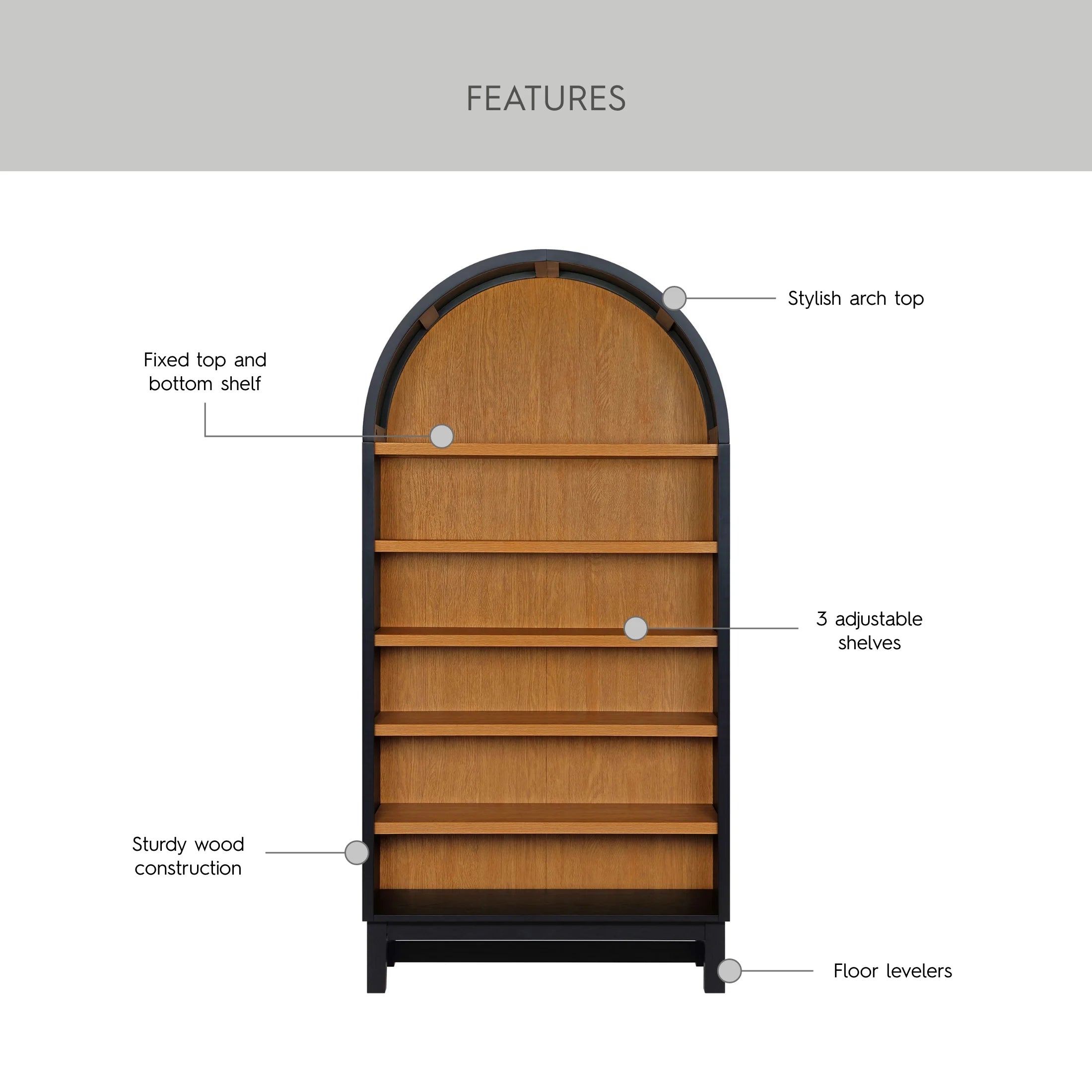 Stylish Juliet Open Arch Bookcase in Rich Black and Light Honey Finish