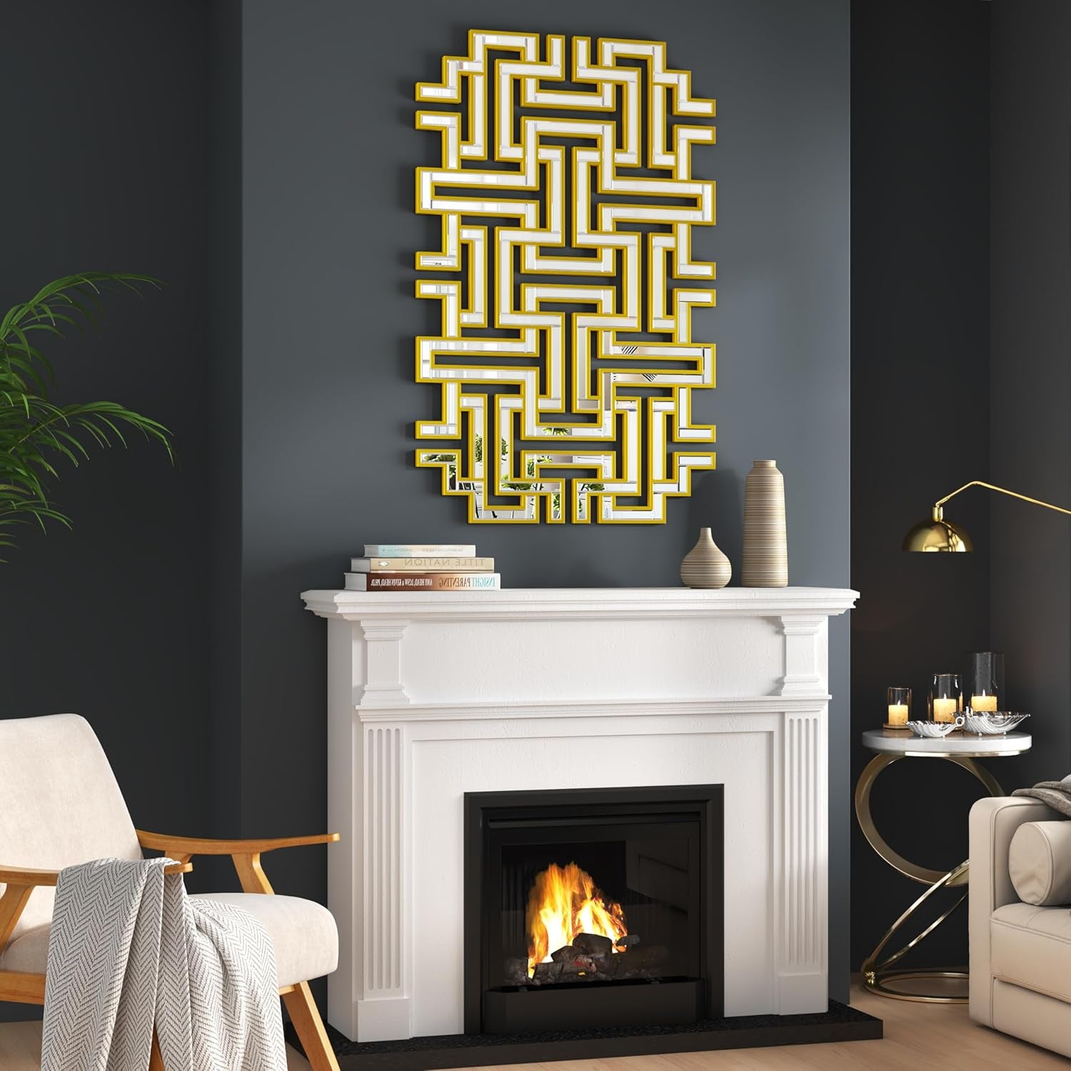 Stunning 46.5"X30" Large Gold Geometric Maze Wall Mirror - Perfect Decorative Accent for Living Room, Entryway, and Hallway