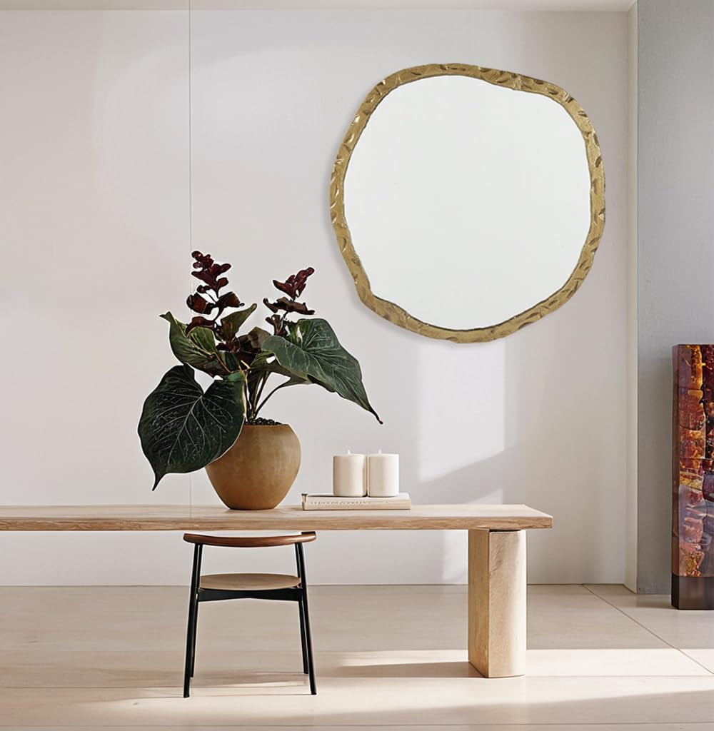 Stunning Asymmetrical Brass Wall Mirror - 40x38 Inch Hand Forged Metal Frame for Elegant Home Decor