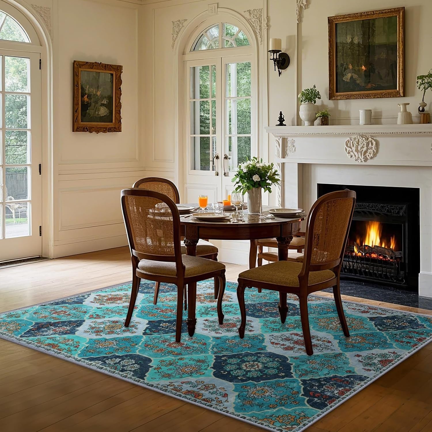 Large Washable Bohemian Area Rug - Moroccan Trellis Design, Soft Non-Slip Carpet for Living Room, Dining Room, Home Office, and Farmhouse Decor in Teal Blue