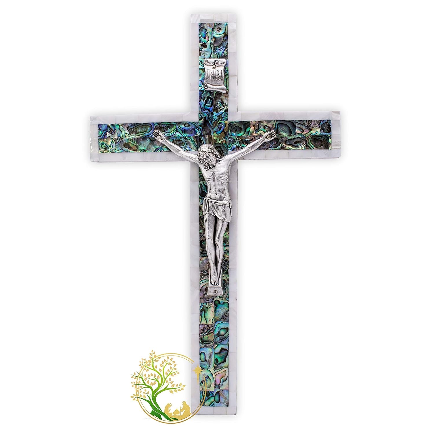 Stunning Extra Large Olivewood Crucifix with Mother of Pearl Inlay - Perfect Religious Wall Décor & Meaningful Gift for All Occasions