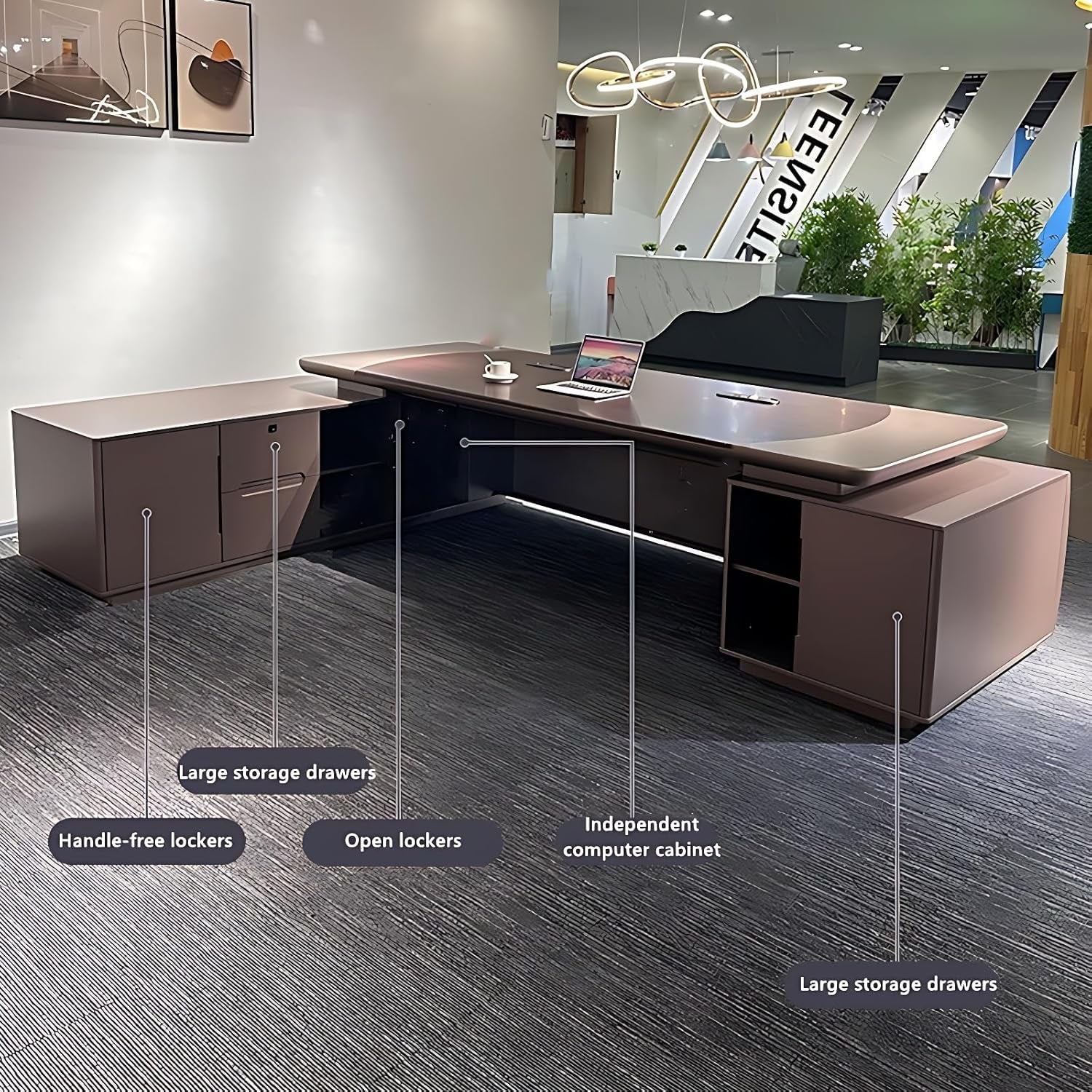 Luxury L-Shaped Executive Desk - Solid Wood Home Office with Multifunctional Cable Box & Drawers, No Installation Needed (Brown, 141.7")