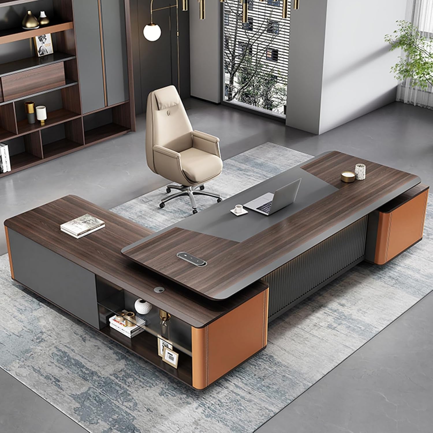 Extra Large Rustic L-Shaped Executive Desk - 94-Inch Luxury Wood Office Furniture with File Drawers, Cable Management, Shelves, and USB Charging Ports for Your Home or Boss Office Workspace
