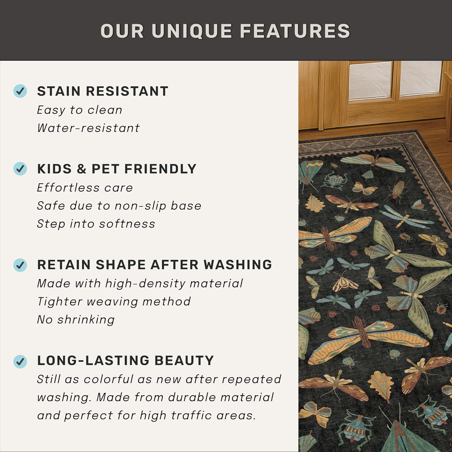 Luxurious Large Black Area Rug - Soft & Stain Resistant 9x12 for Living & Dining Rooms, Unique Insect Bug Home Décor, Perfect Under Bed Addition