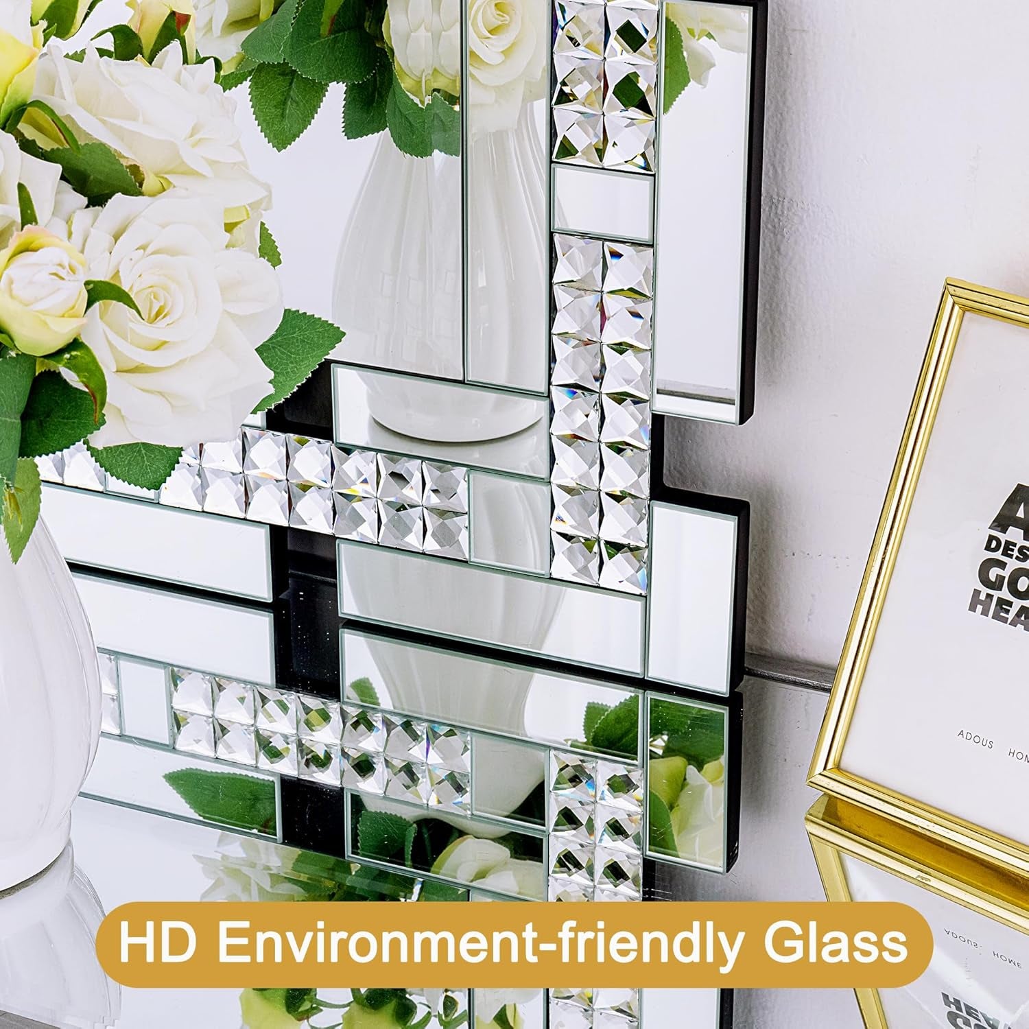 Stunning 32" X 47" Large Beveled Edge Wall Mirror with Crystal Frame - Modern Decorative Accent for Living Room, Home Office, and Entryway