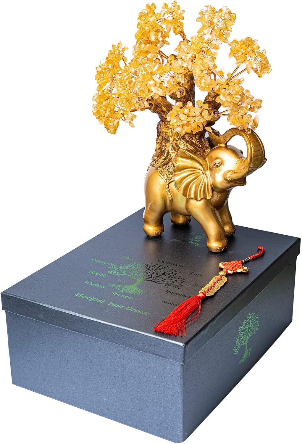 Citrine Crystal Money Tree on Gold Elephant Statue - 17" Large Gemstone Bonsai Tree of Life for Wealth and Positive Energy, Ideal Feng Shui Home Décor Gift