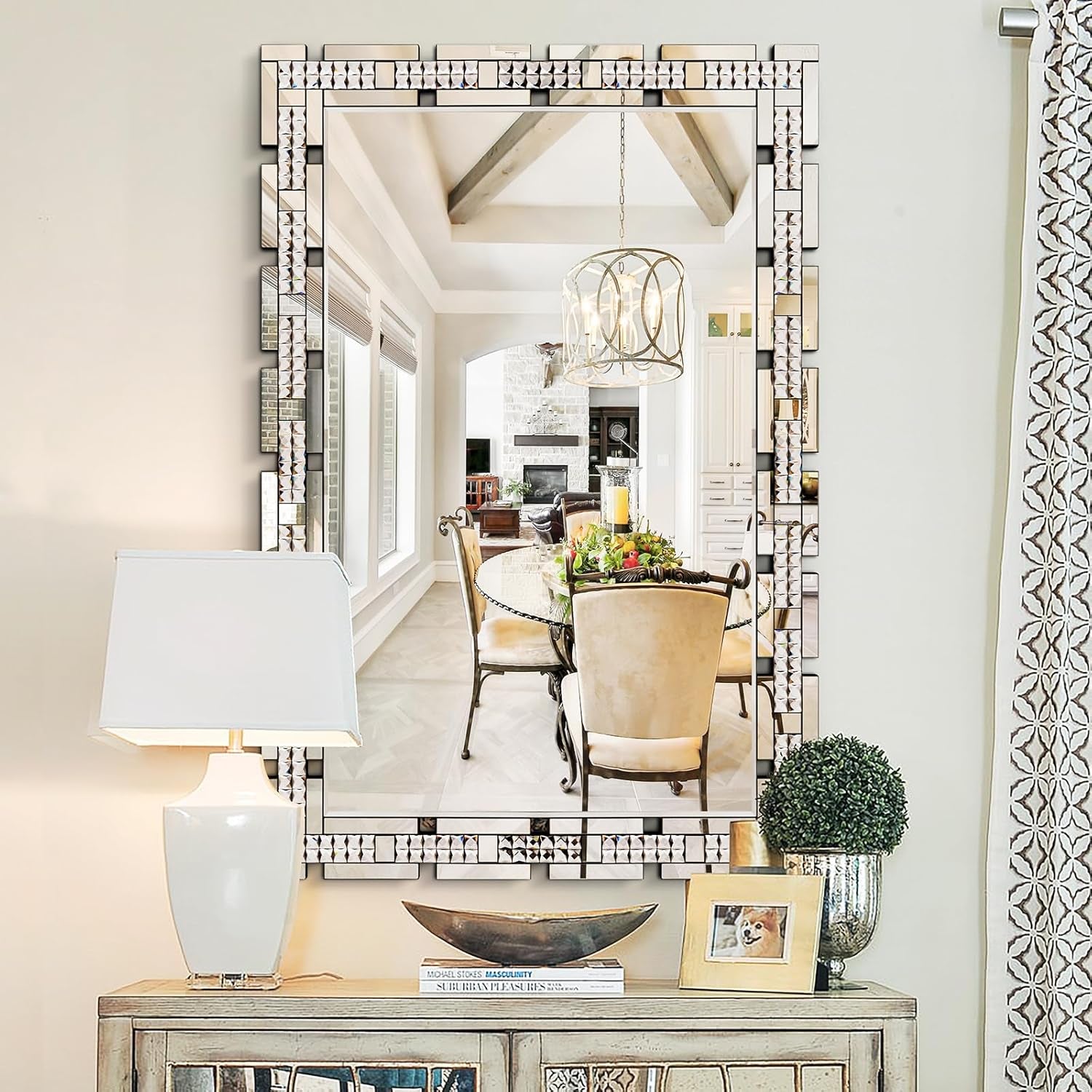 Stunning 32" X 47" Large Beveled Edge Wall Mirror with Crystal Frame - Modern Decorative Accent for Living Room, Home Office, and Entryway