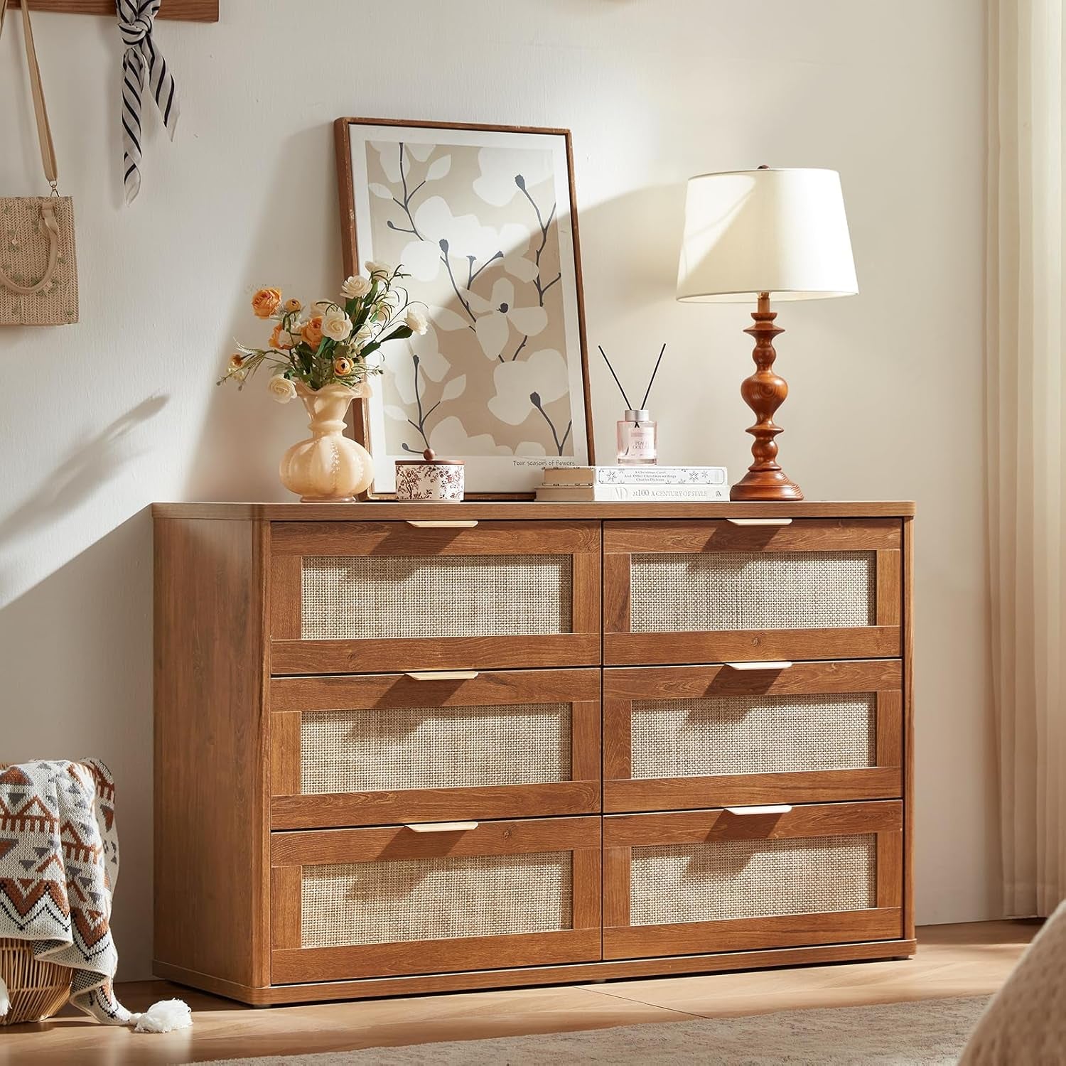 Boho 3-Piece Rattan Dresser and Nightstand Set - Stylish Wood Furniture with 6 Drawers for Bedroom, Living Room, and Hallway