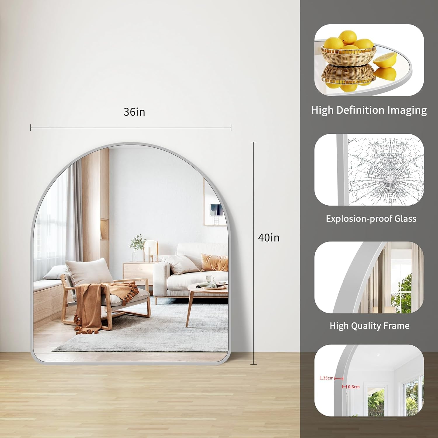 Stylish Silver Arched Wall Mirror - 40x36 Inch Aluminum Frame for Bathroom, Dresser, and Entryway Decor - Versatile Hanging or Leaning Design