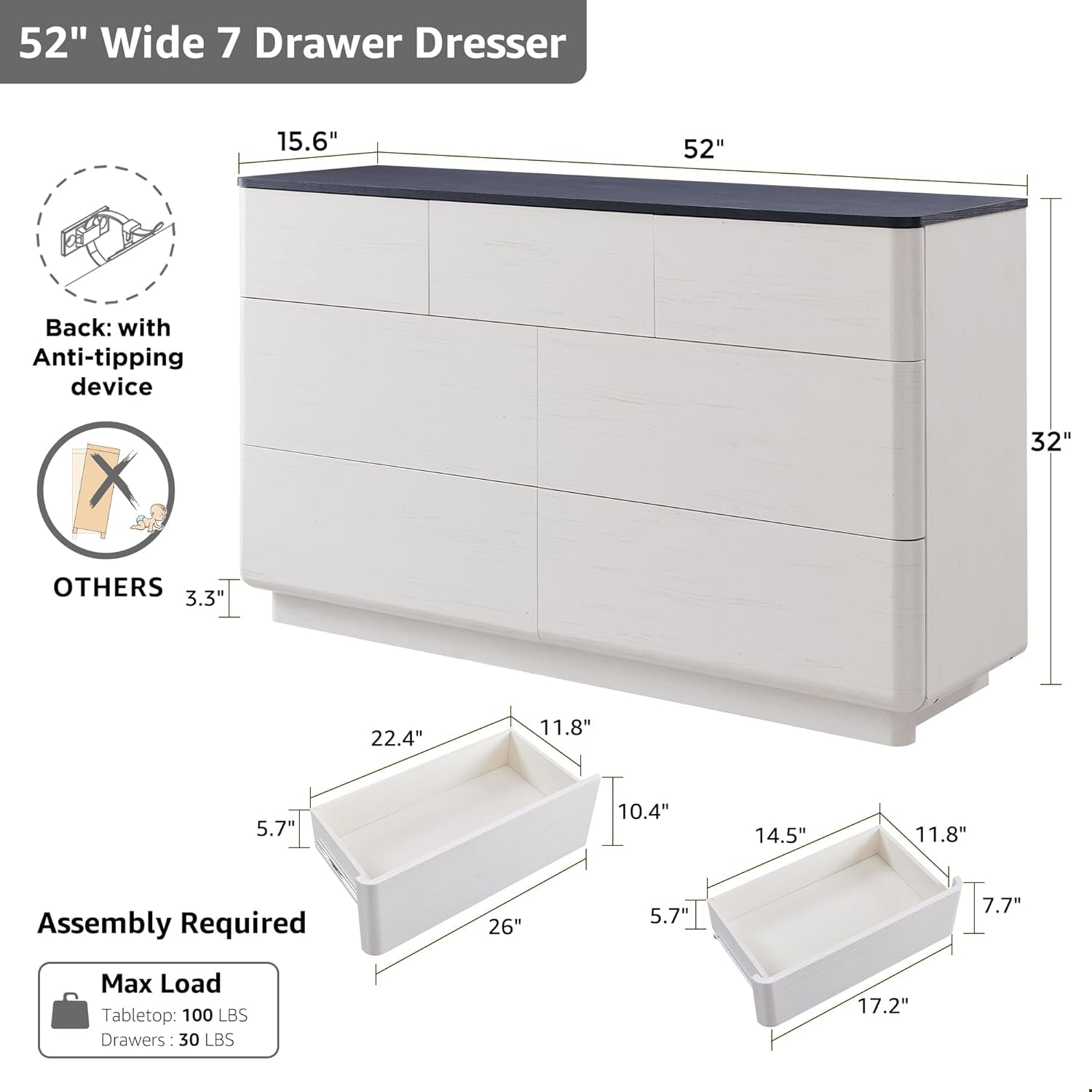 Stylish 7-Drawer Modern Dresser with Push-To-Open Design - 52" Wide Storage Chest for Bedroom or Living Room in Off White