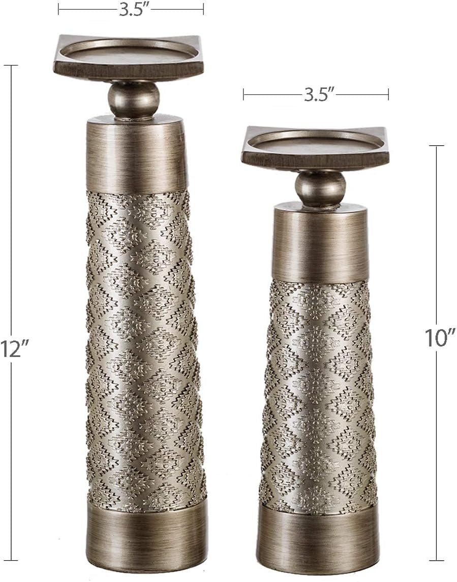 Dublin Silver Decorative Candle Holder Set (2) - Elegant Pillar Candle Stands for Home Decor, Centerpieces for Living Room or Dining Table, Gift Boxed