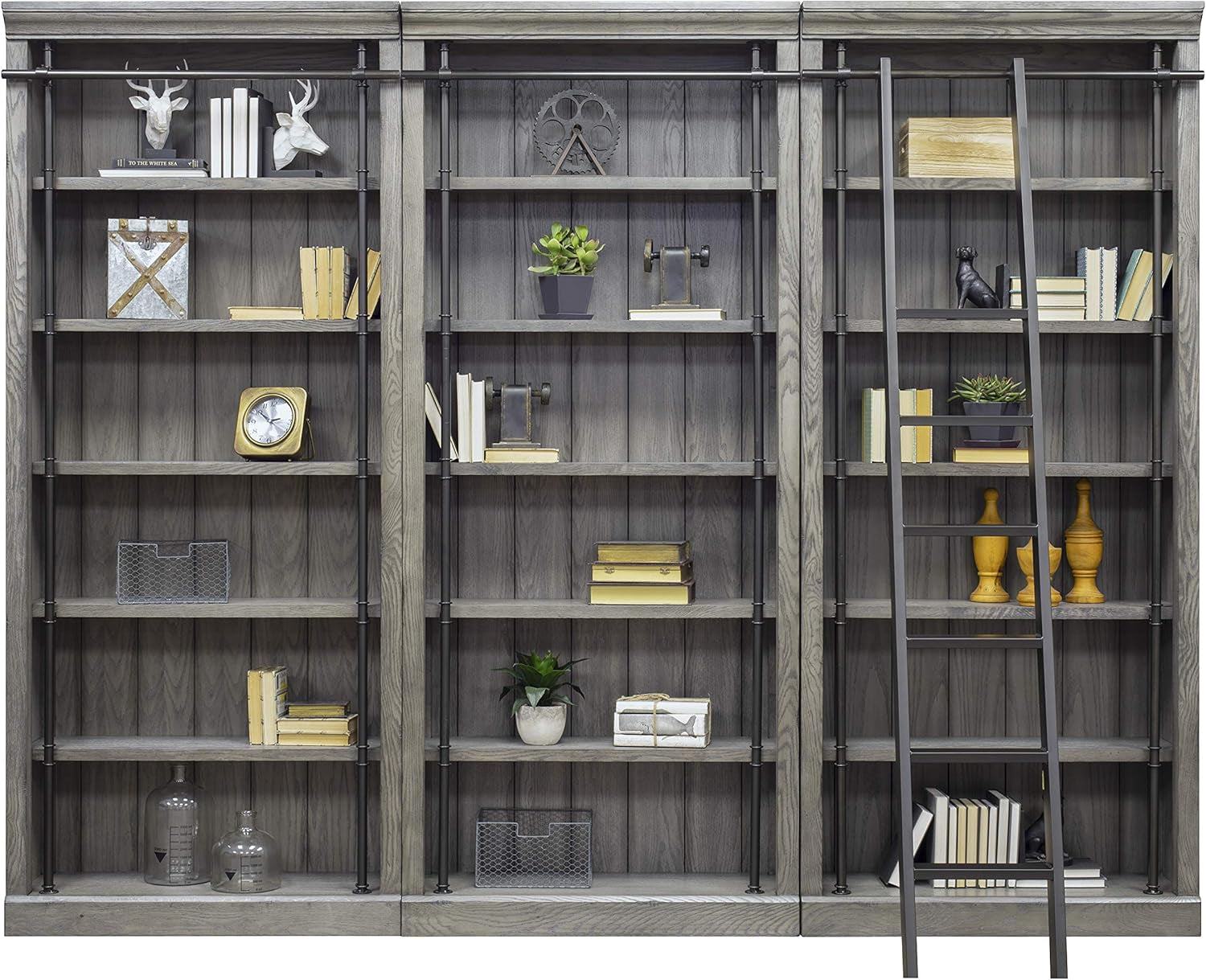 Elevate Your Space: Avondale 8' Tall Bookcase Wall with Ladder - Stylish Storage & Display Shelf in Gray