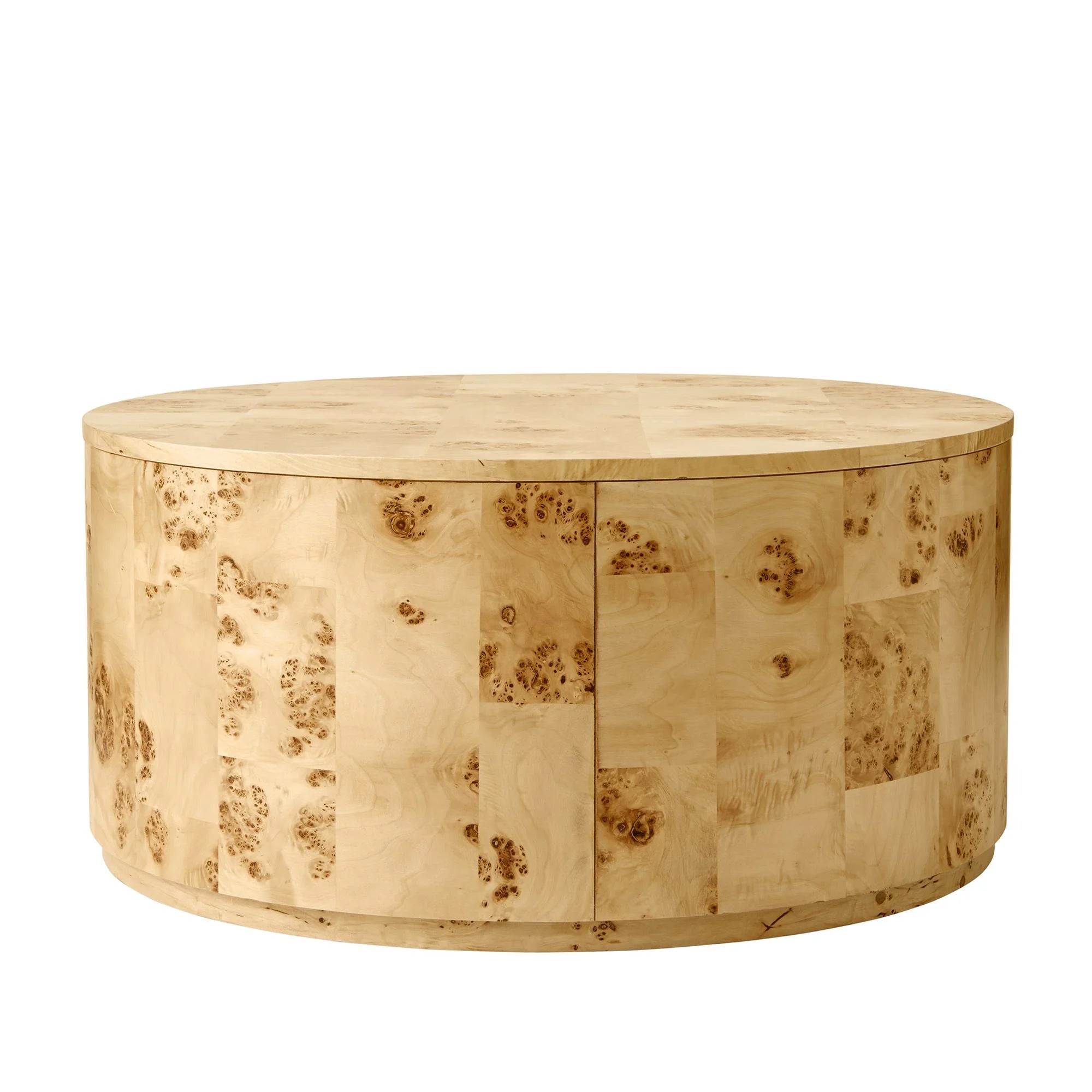 Elegant Burlwood Round Coffee Table with Light Veneer Finish