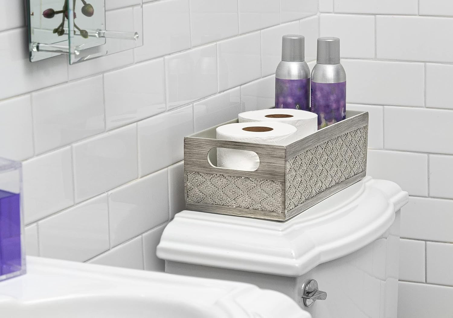 Dublin Silver Decorative Bathroom Storage Box and Toilet Paper Holder - Elegant Tank Topper and Sink Organizer