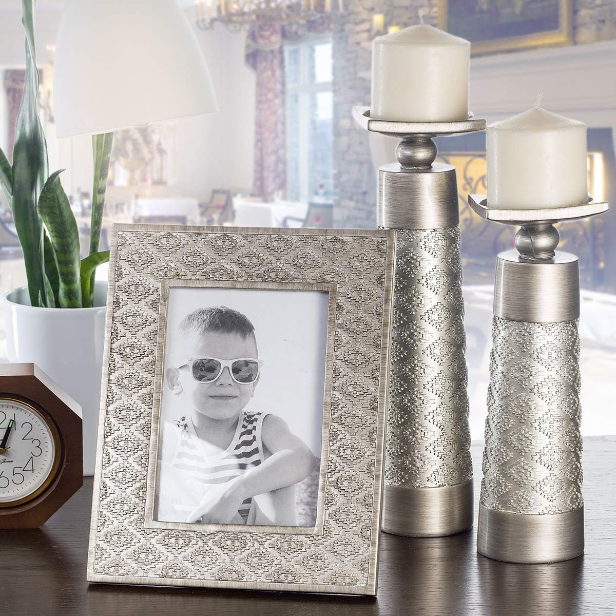 Dublin Silver Decorative Candle Holder Set (2) - Elegant Pillar Candle Stands for Home Decor, Centerpieces for Living Room or Dining Table, Gift Boxed
