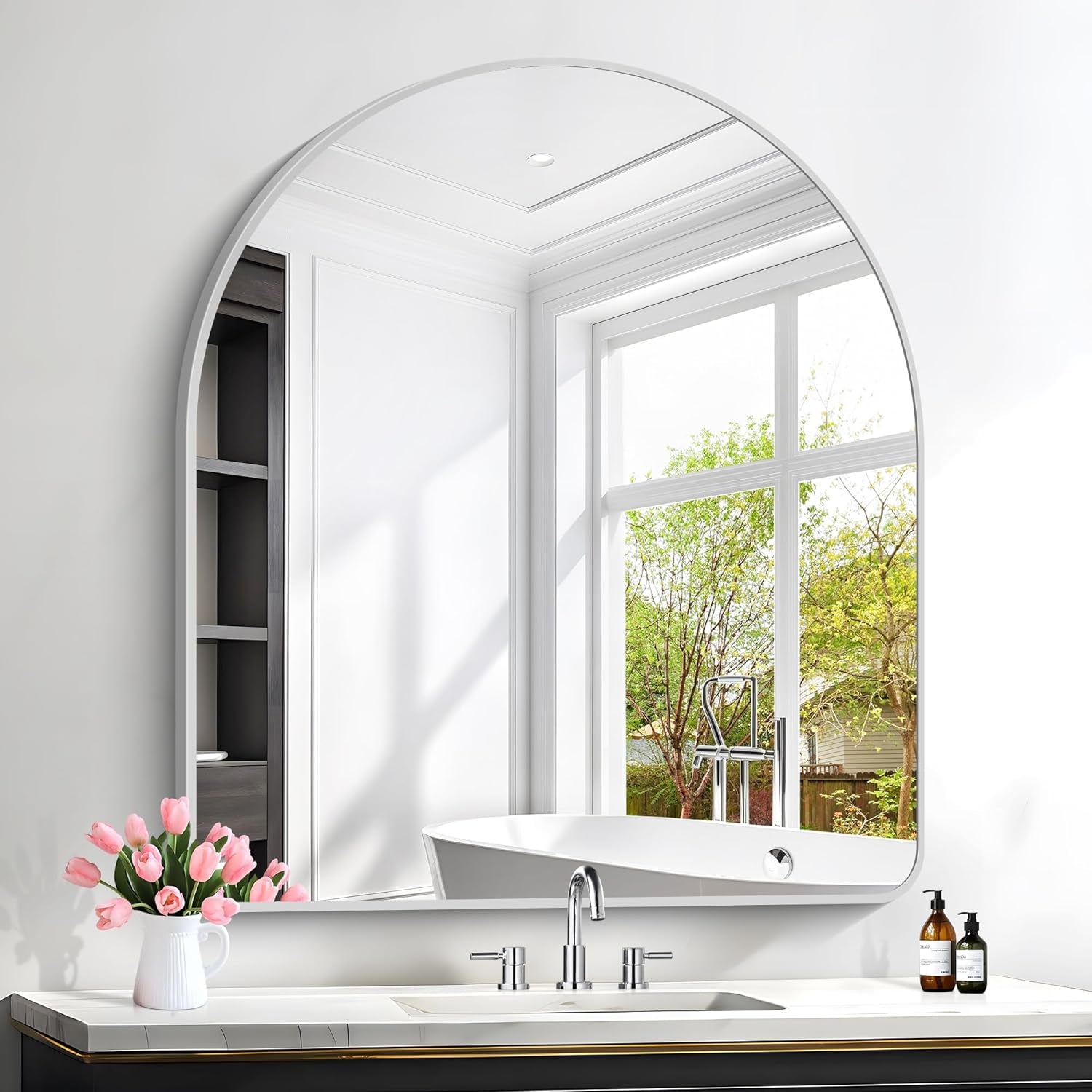 Stylish Silver Arched Wall Mirror - 40x36 Inch Aluminum Frame for Bathroom, Dresser, and Entryway Decor - Versatile Hanging or Leaning Design