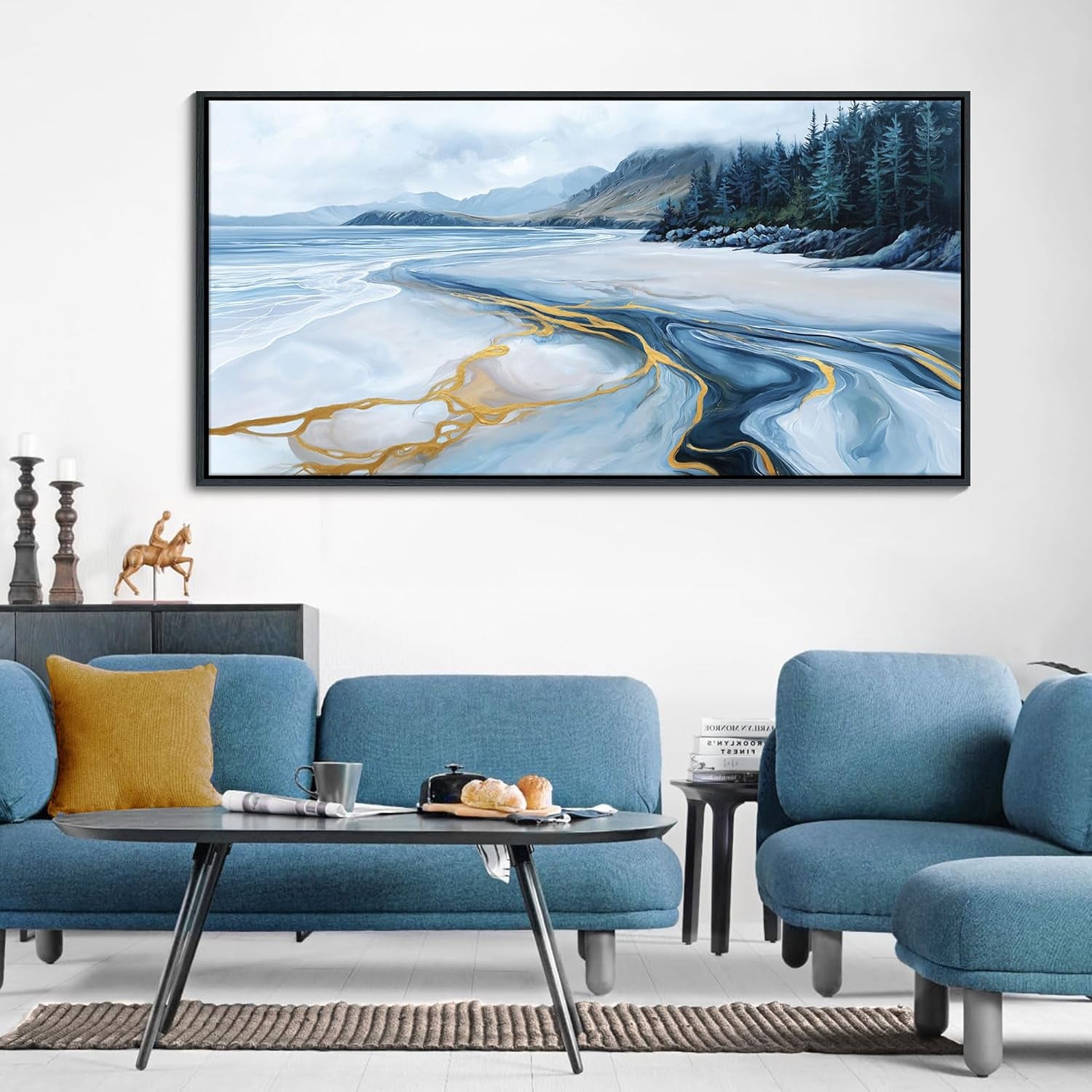 Stunning Blue and Gold Abstract Wall Art - Ocean-Inspired Coastal Decor for Living Room & Bedroom, Framed Landscape Artwork 24×48 IN