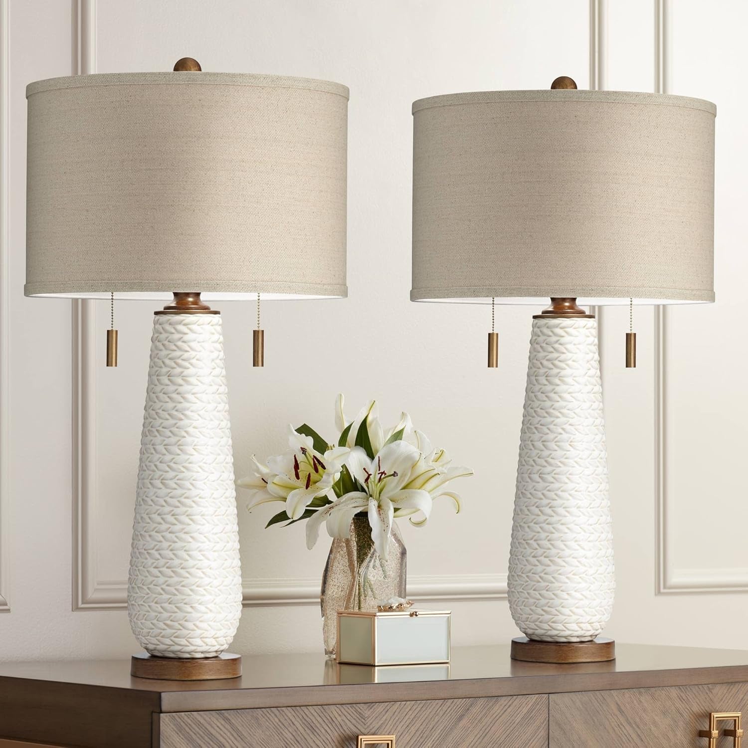 Elegant Kingston Mid Century Modern Table Lamps - Set of 2, 32.75" Tall White Textured Ceramic with Taupe Drum Shade for Bedroom, Living Room, and Home Office Decor