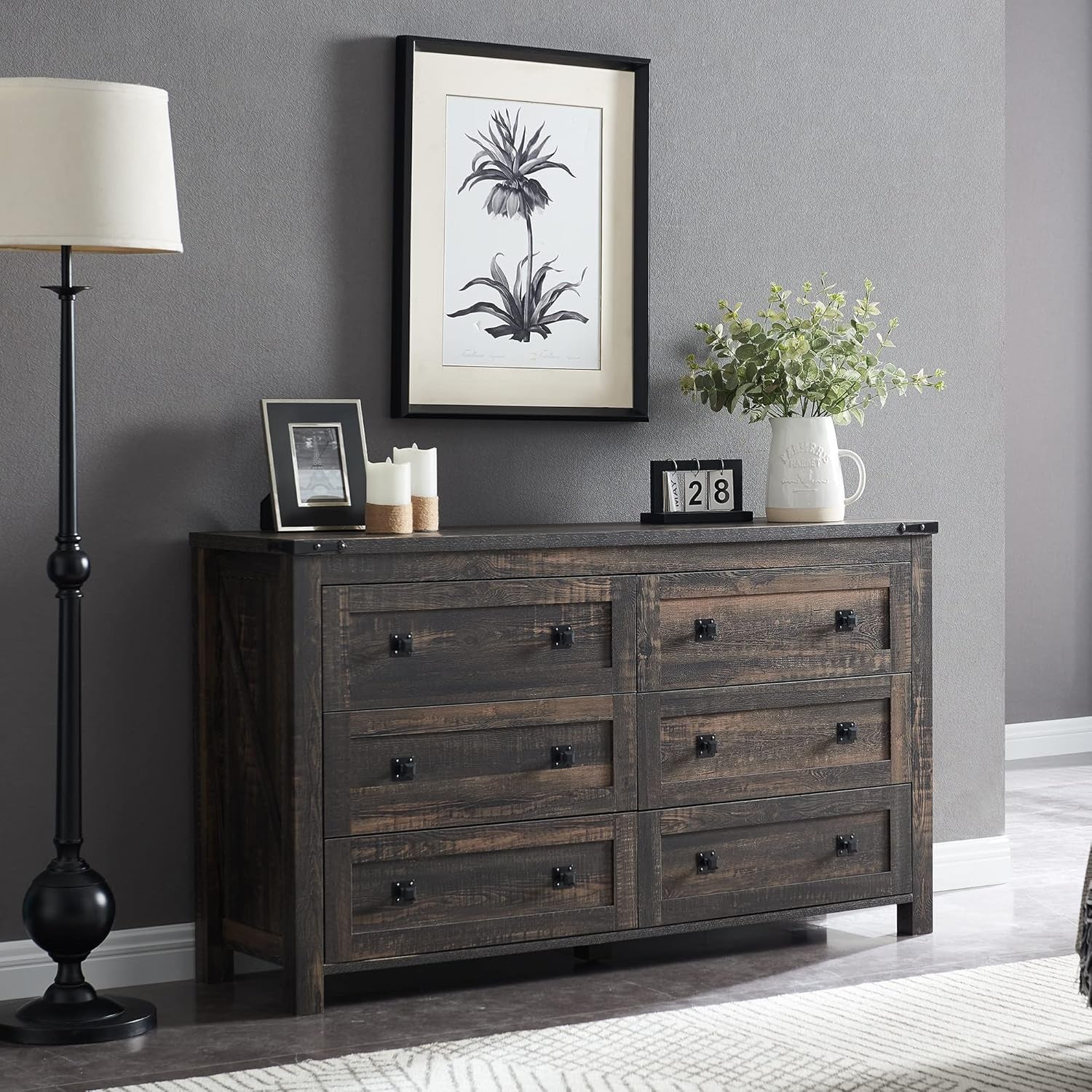 Stylish Rustic Oak 6-Drawer Farmhouse Dresser - Versatile Storage Solution for Bedroom, Living Room, or Hallway