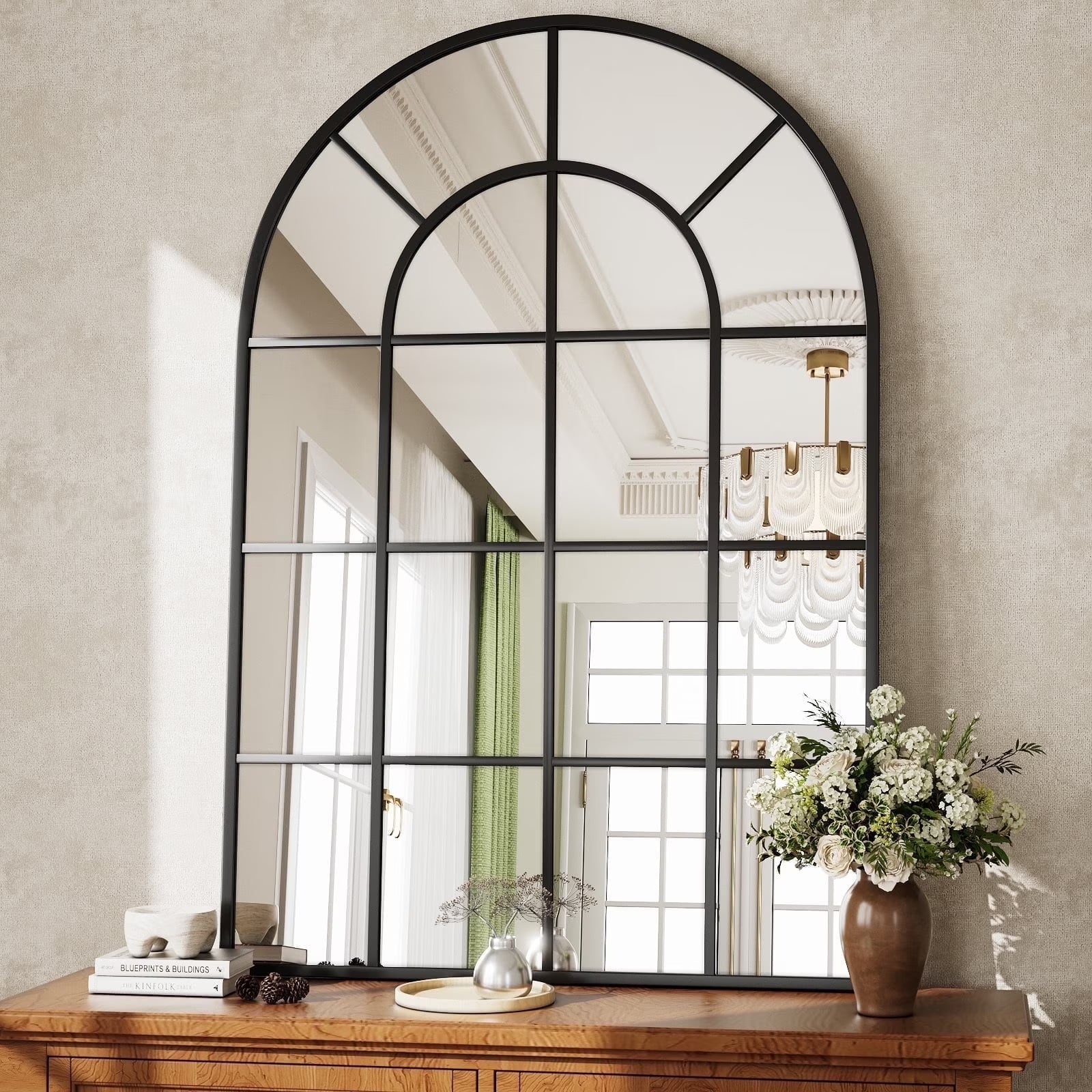 Elegant 36" X 24" Arched Black Windowpane Wall Mirror - Stylish Home Decor