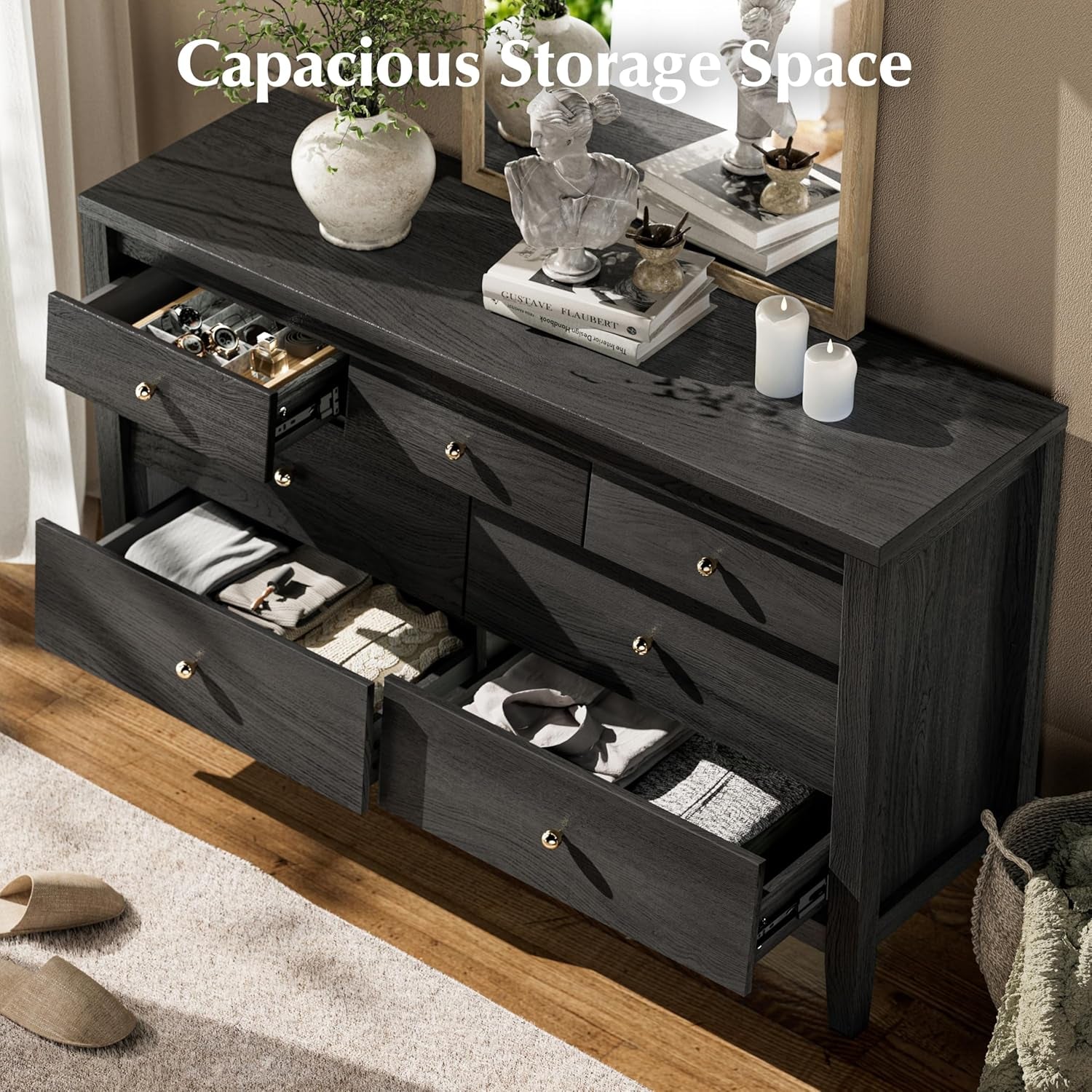 Stylish Black 7-Drawer Farmhouse Dresser - Versatile Storage for Bedroom and Living Room