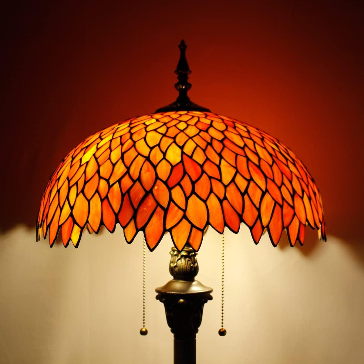Elegant Tiffany Floor Lamp with Red Orange Wisteria Stained Glass - Antique Style Standing Light for Bedroom, Living Room, and Home Office - 64 Inches Tall