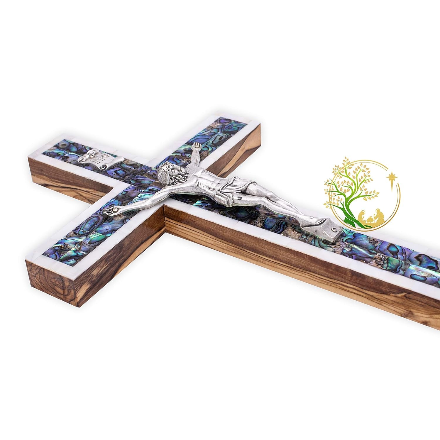 Stunning Extra Large Olivewood Crucifix with Mother of Pearl Inlay - Perfect Religious Wall Décor & Meaningful Gift for All Occasions
