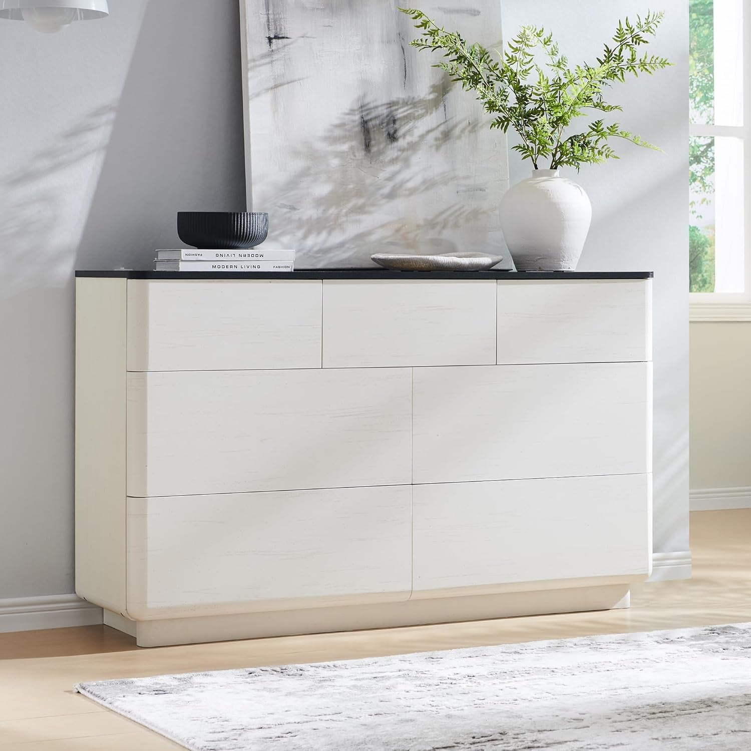 Stylish 7-Drawer Modern Dresser with Push-To-Open Design - 52" Wide Storage Chest for Bedroom or Living Room in Off White