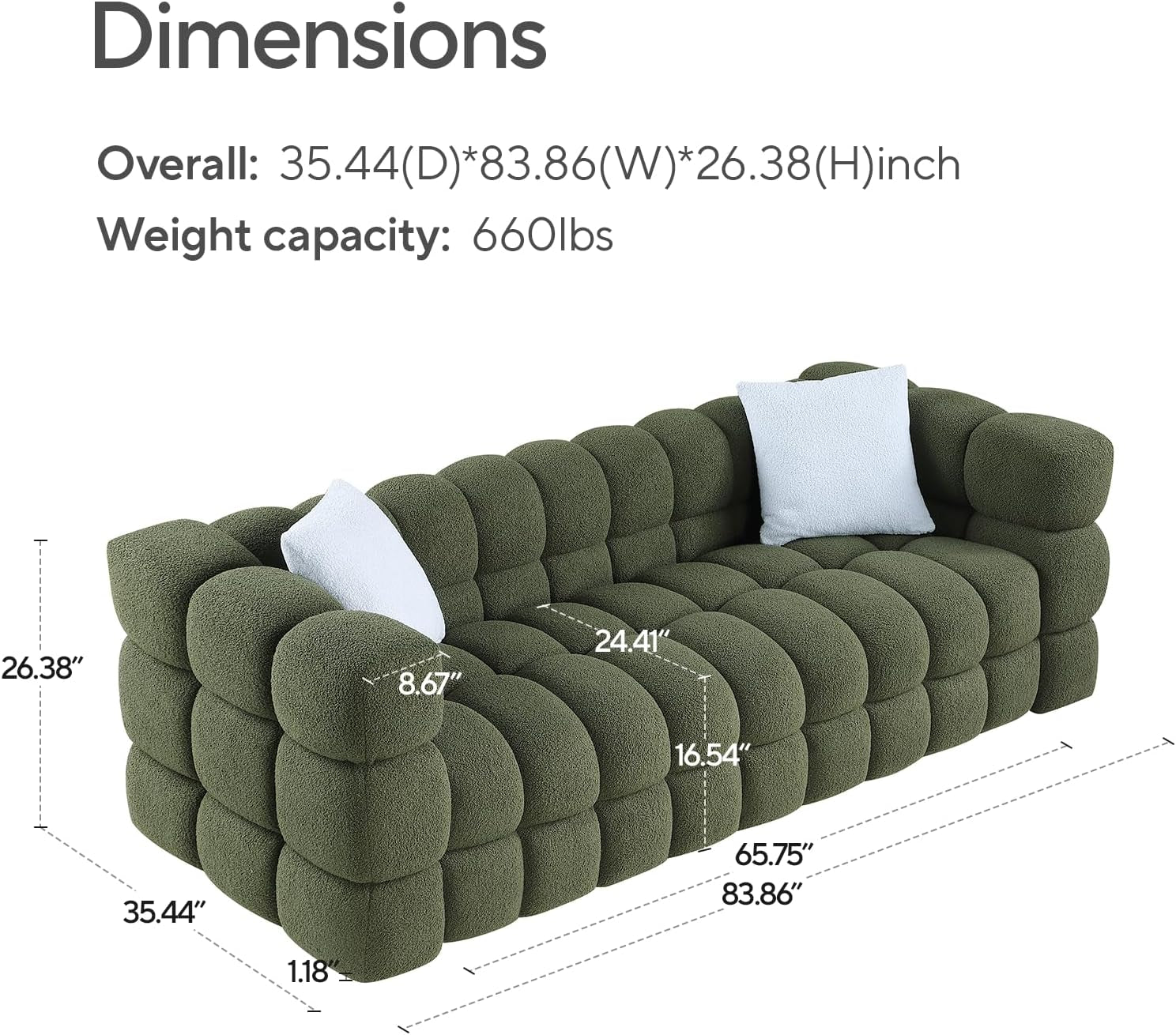 Luxurious 86" Mid Century Modern Cloud Couch - Plush 3 Seater with Solid Wood Frame & 2 Decorative Throw Pillows - Perfect for Your Living Room!