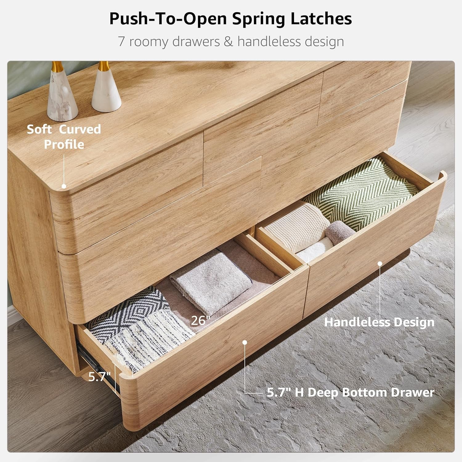 Stylish 7 Drawer Modern Dresser - Push-To-Open Chest with Sleek Handleless Design, 52" Wide Storage Solution for Bedroom or Living Room in Natural Oak