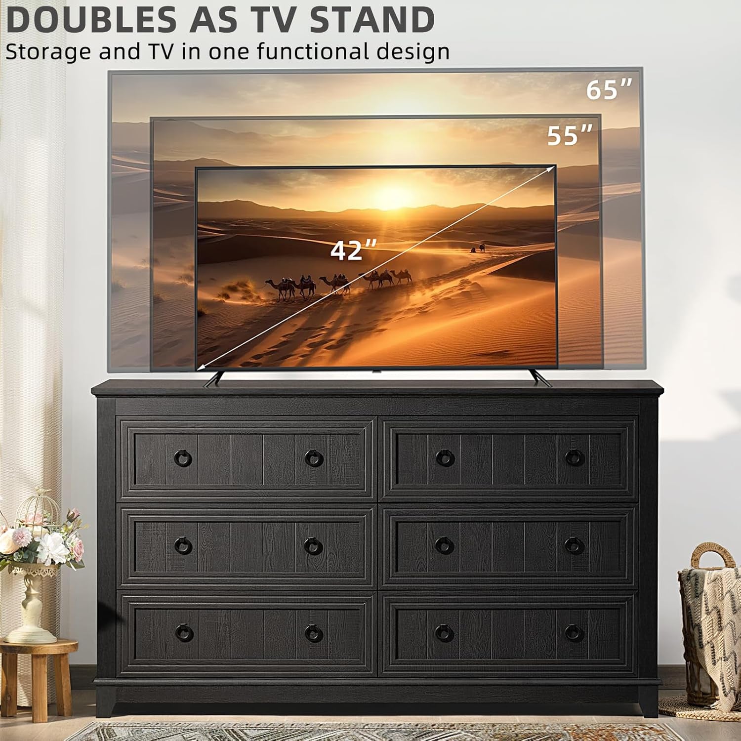 Chic Farmhouse Bedroom & Living Room Furniture Set: 58” Dresser with 6 Drawers & Set of 2 Night Stands with Charging Stations