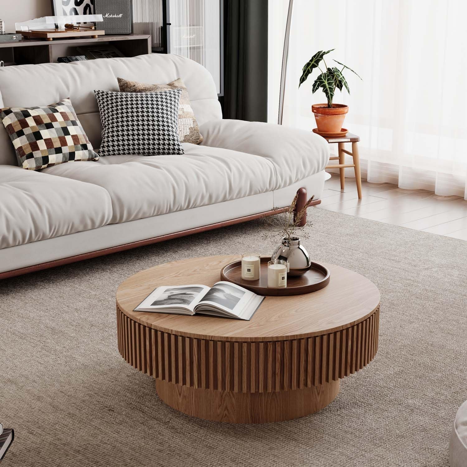 Stylish Round Coffee Table with Storage - Modern Wooden Design for Small Spaces, Perfect Accent for Living Room (31.5''L × 31.5''W × 14''H, Natural Finish)