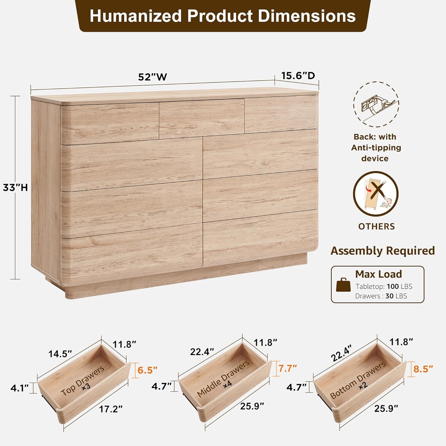 Stylish 9-Drawer Wooden Dresser - 52" Curved Design with Ample Storage for Bedroom, Living Room & Hallway - Natural Oak Finish
