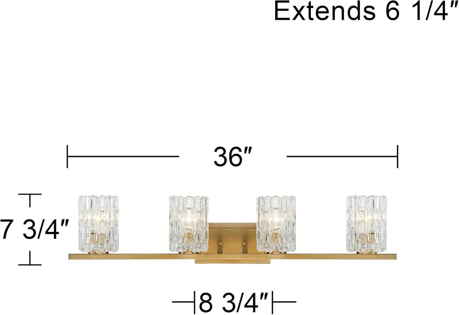 Modern Warm Brass 4-Light Wall Sconce with Textured Ice Glass Shade - 36" Bathroom Vanity & Hallway Decor