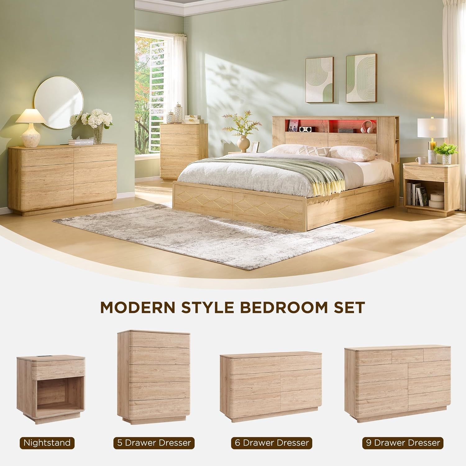 Stylish 9-Drawer Wooden Dresser - 52" Curved Design with Ample Storage for Bedroom, Living Room & Hallway - Natural Oak Finish