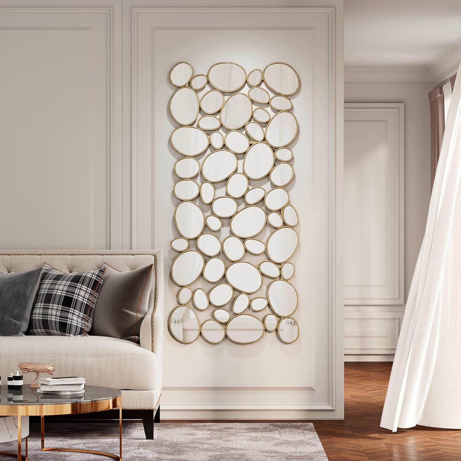 Large Decorative Gold Wall Mirror - 23x51 Inch Metal Framed Accent Mirror with 55-Piece Pebble Design for Modern Living Room and Entryway Decor
