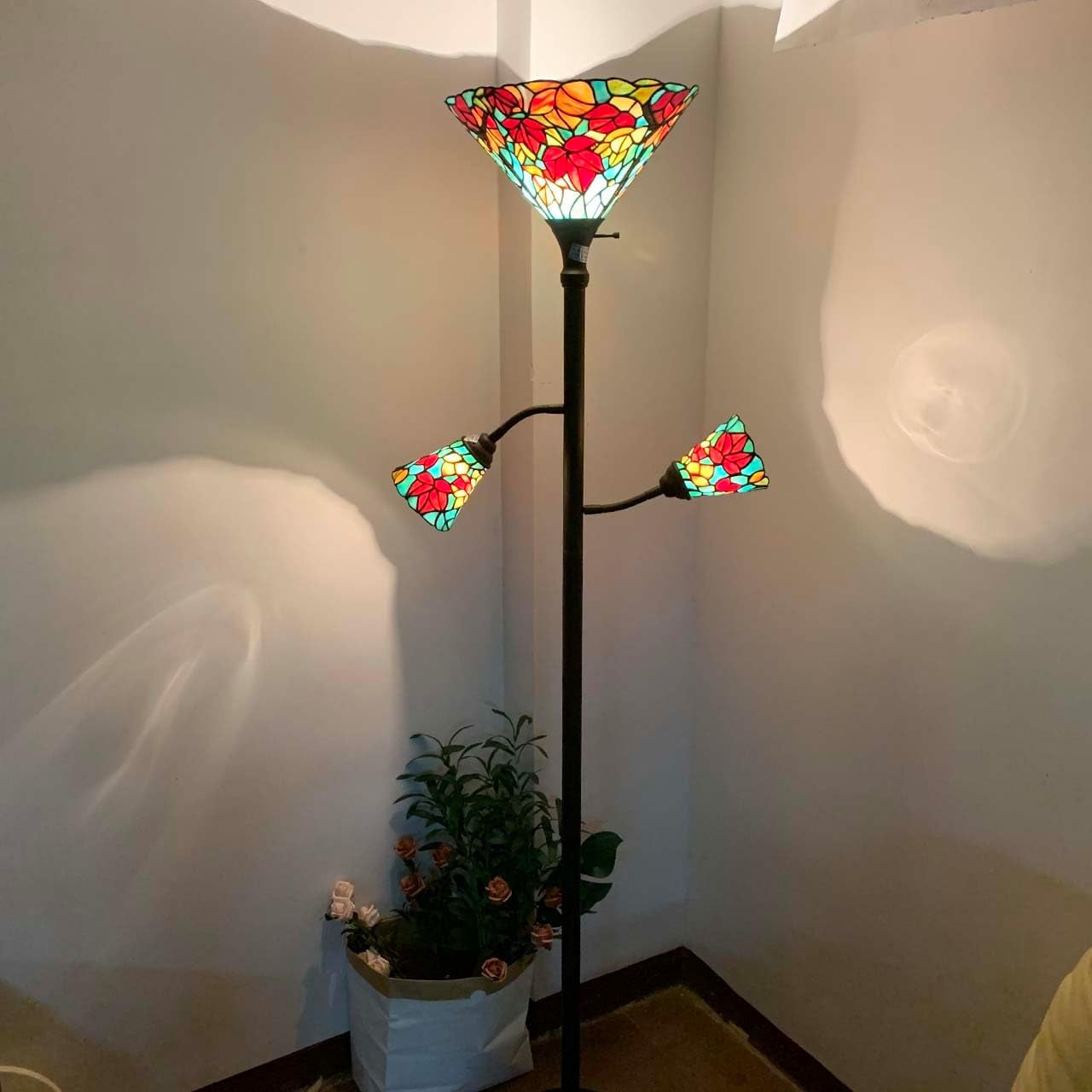 Maple Leaf Tiffany Style Stained Glass Torchiere Floor Lamp - 70-Inch Elegant Home Decor with Sidelights for Reading (Red)