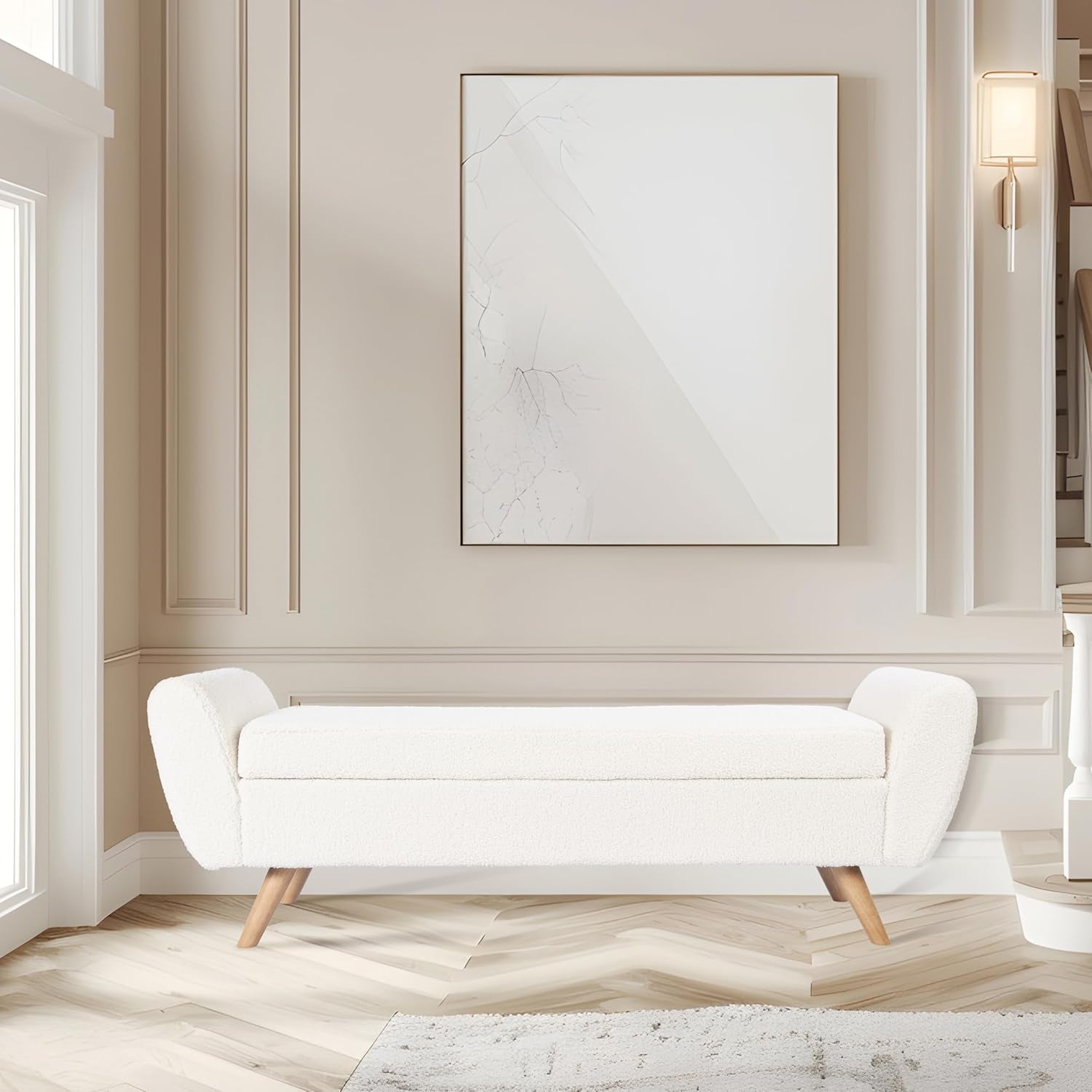 Contemporary Storage Bench with Wooden Legs for Living Room and Bedroom - Sherpa Cream