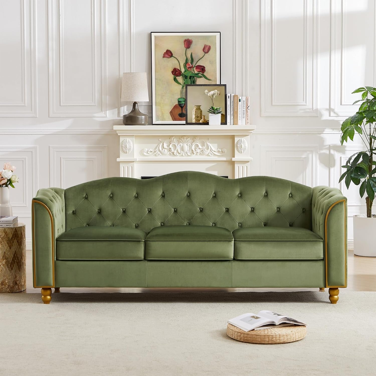 Luxurious 78" Velvet Green Sofa Couch - Modern 3-Seater with Button Tufting, Gold Trim, and Solid Wood Legs for Living Room or Apartment